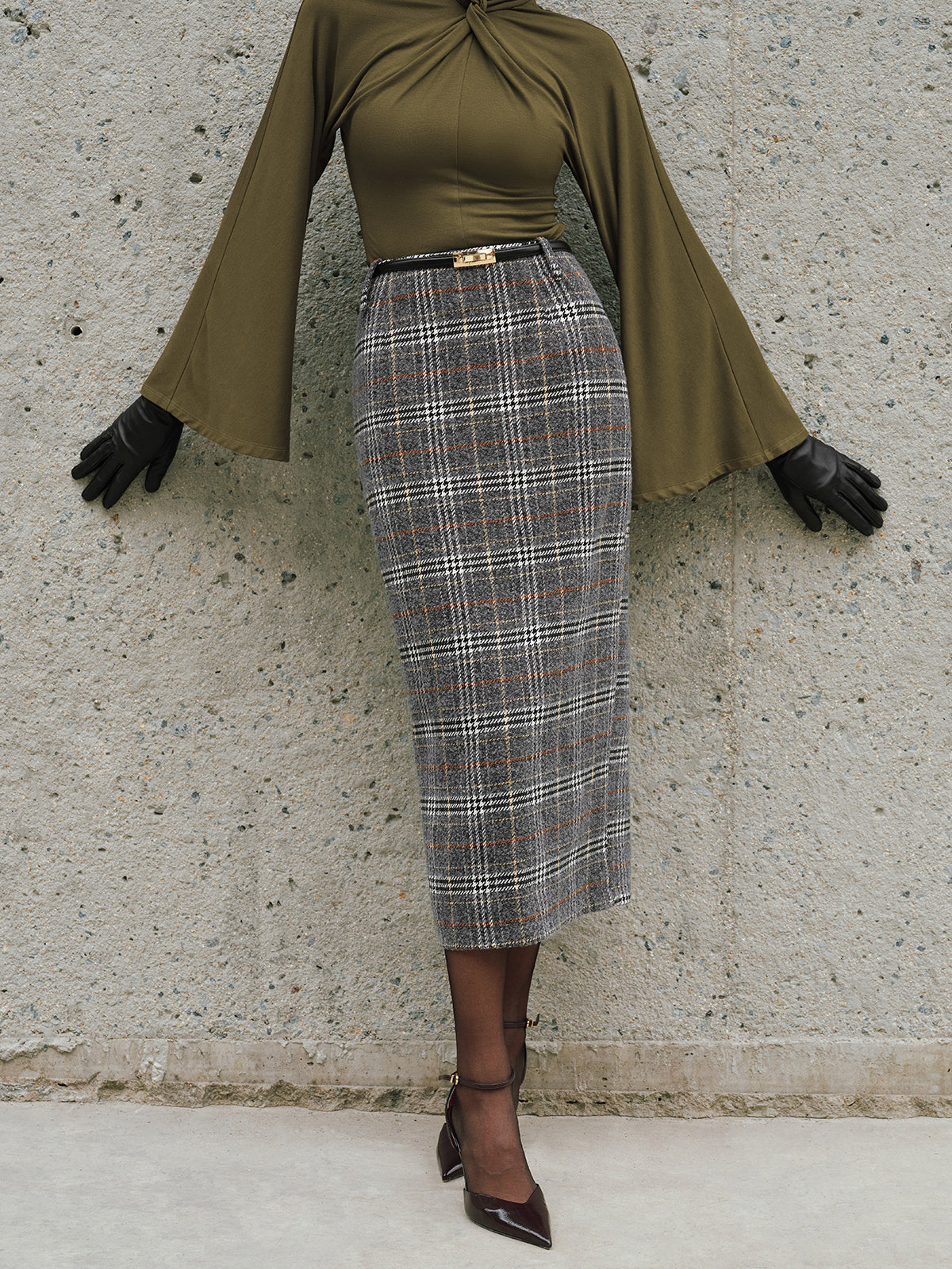 Belted Tweed Plaid Midi Skirt