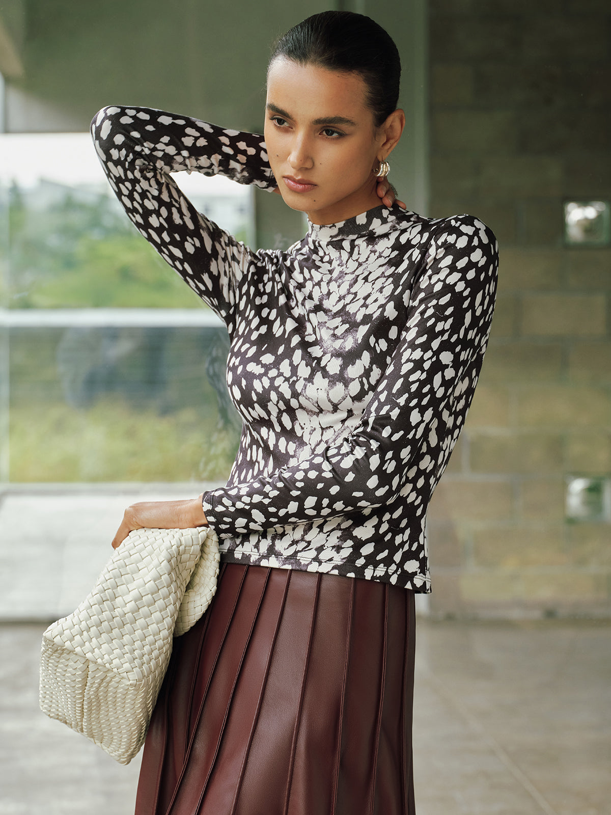 Mock Neck Animal Print Long-Sleeve Top
