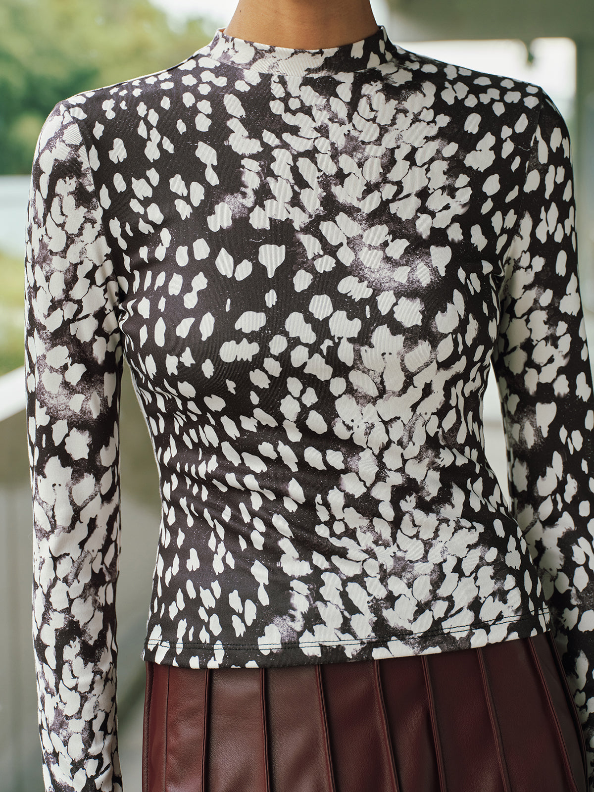Mock Neck Animal Print Long-Sleeve Top