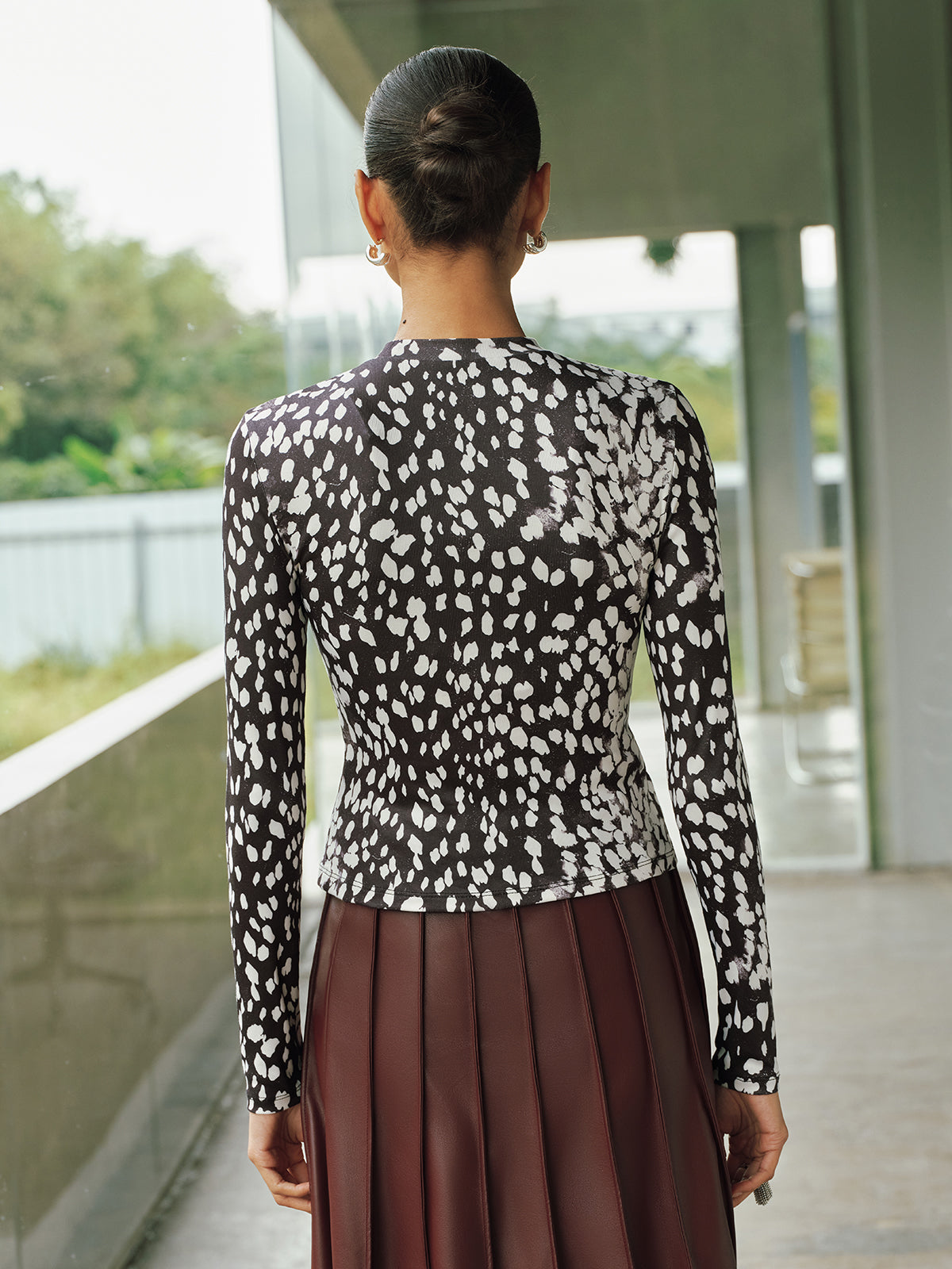 Mock Neck Animal Print Long-Sleeve Top