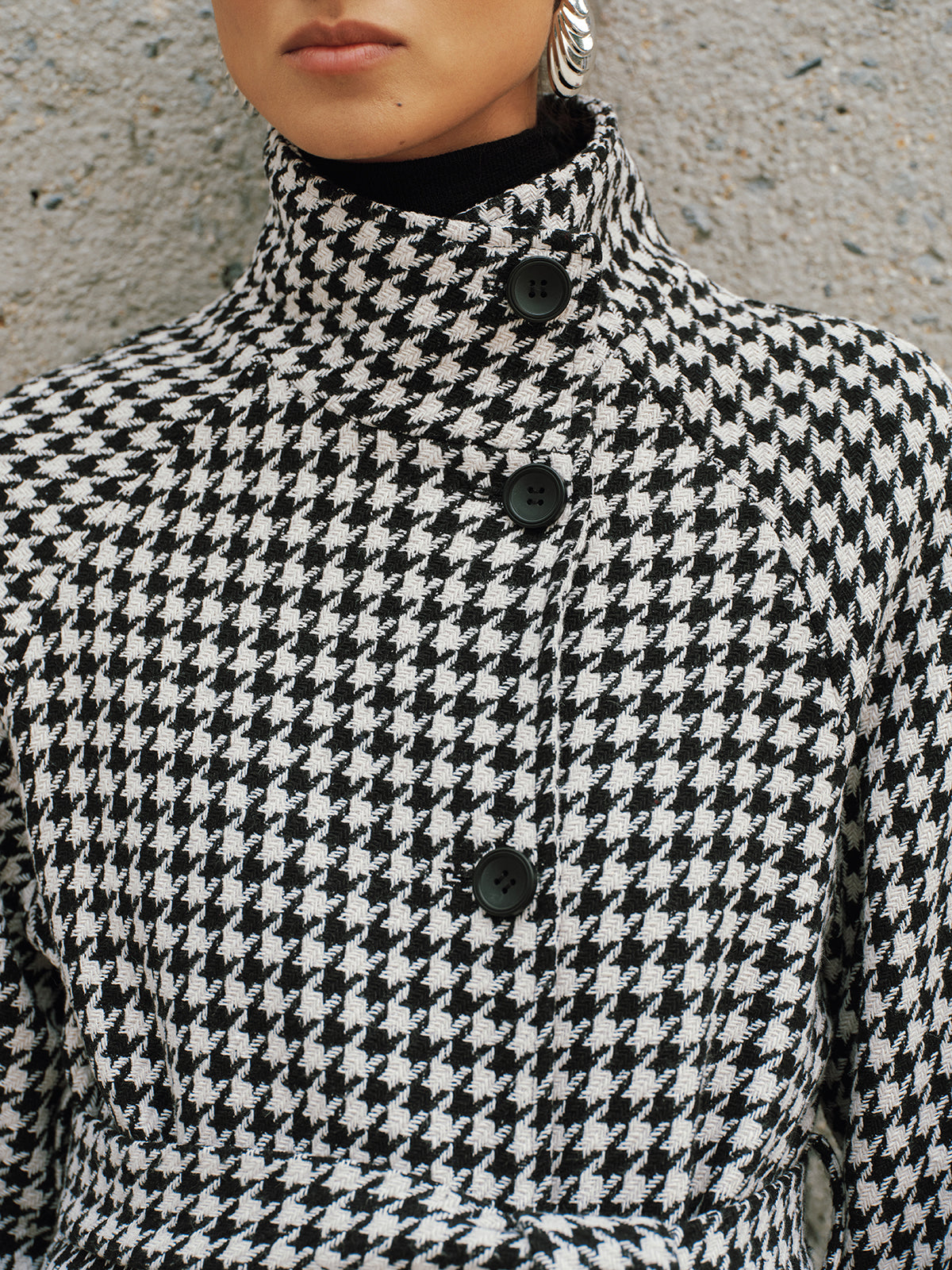 Long Trench-Coat Ceinturé en Tweed Pied-de-Poule
