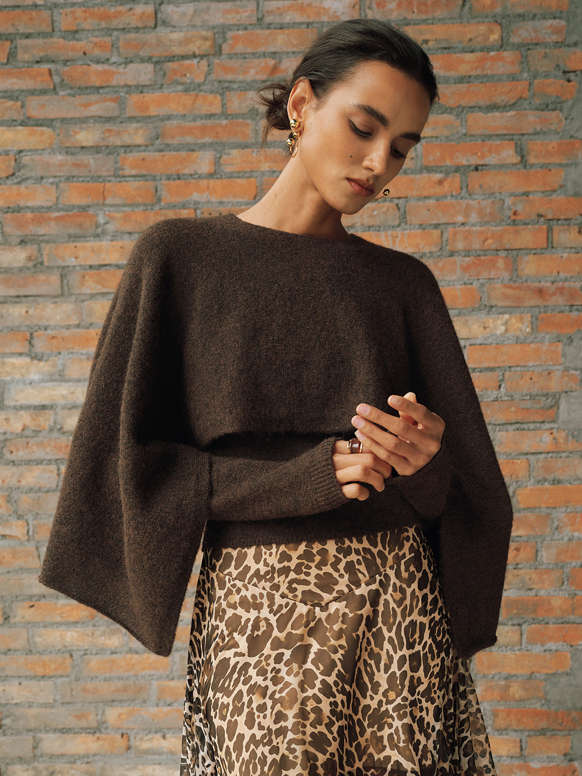Wool-Blend Capelet-Sleeve Knit Top