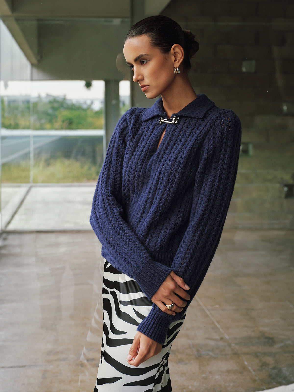 Cable-Knit Polo Collar Buckle-Detail Sweater