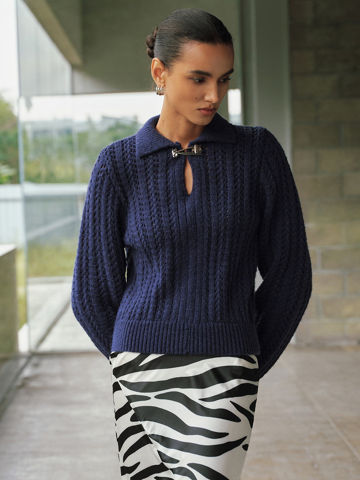 Cable-Knit Polo Collar Buckle-Detail Sweater
