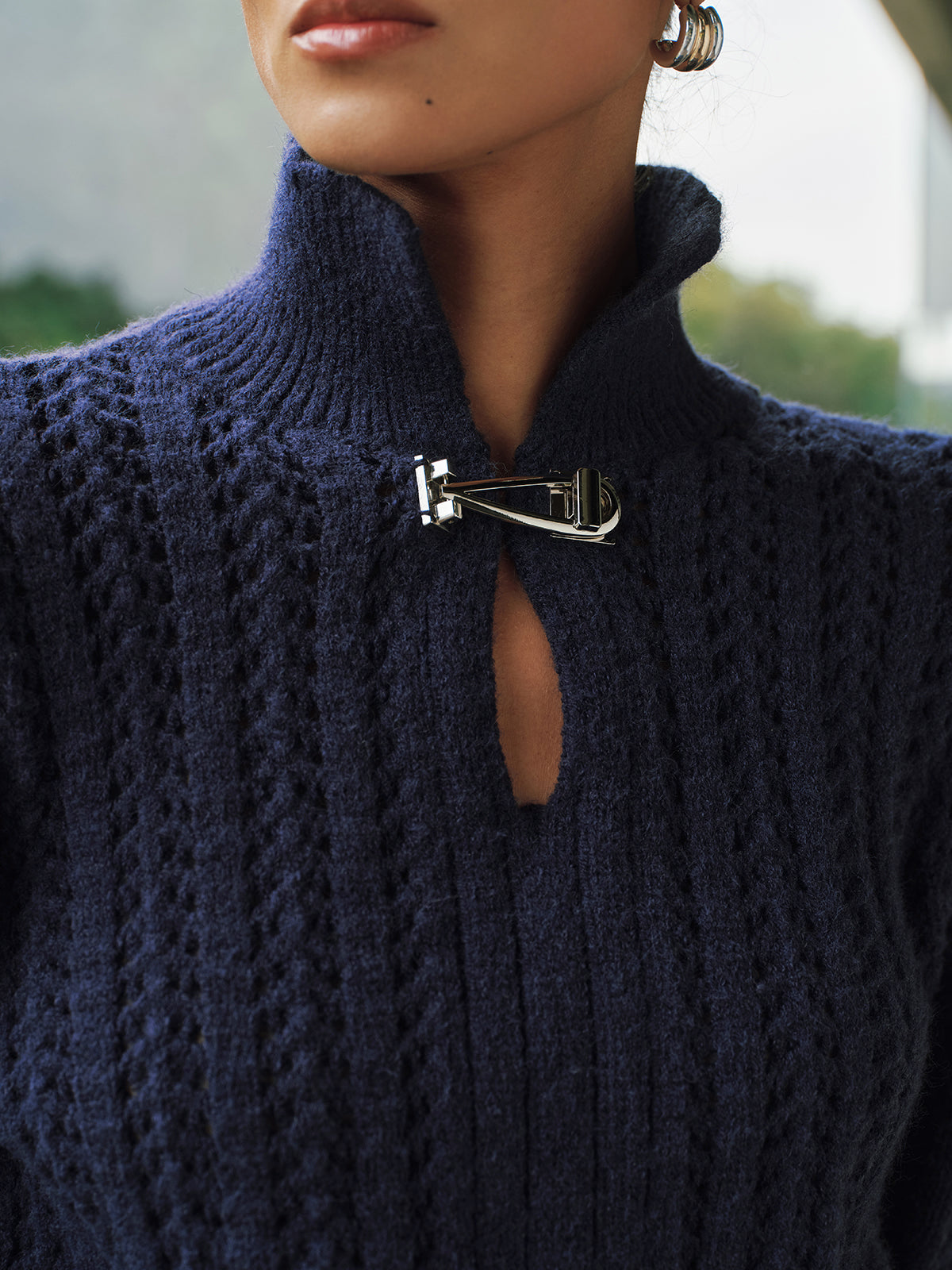 Cable-Knit Polo Collar Buckle-Detail Sweater