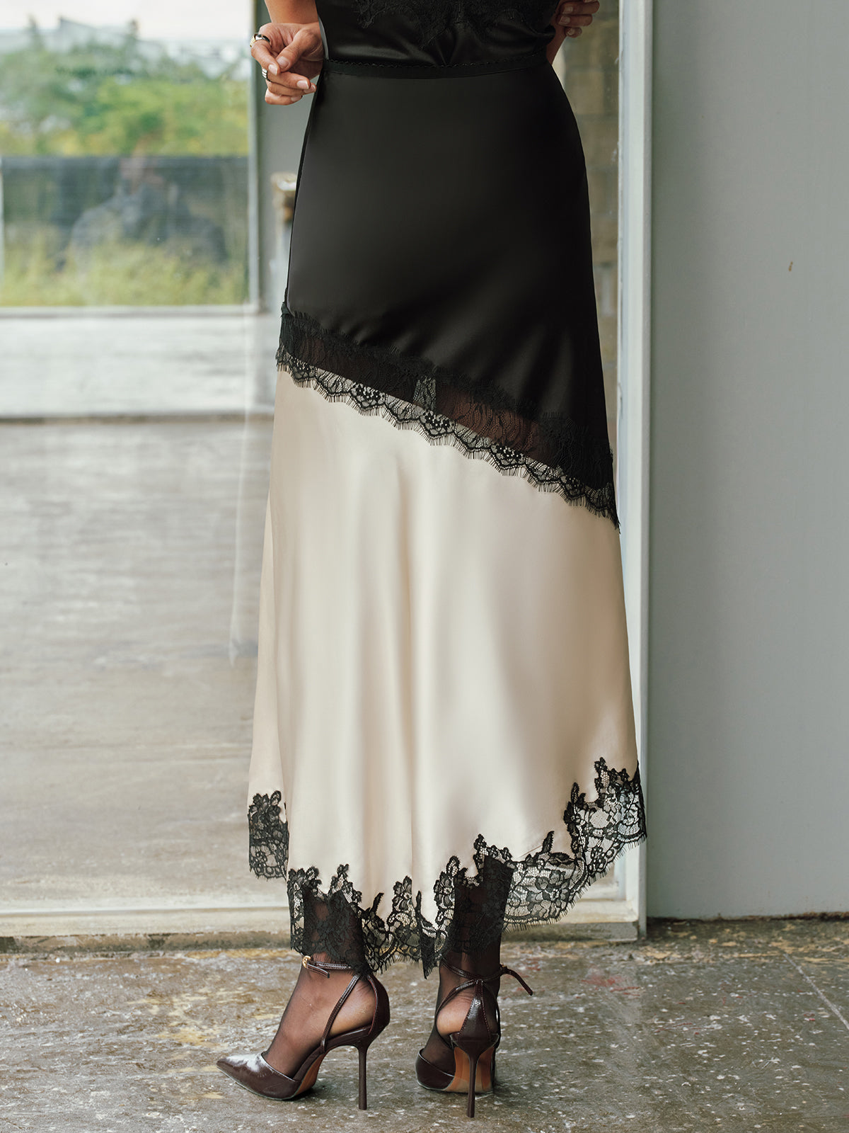Lace Trim Asymmetric Two-Tone Satin Slip Skirt