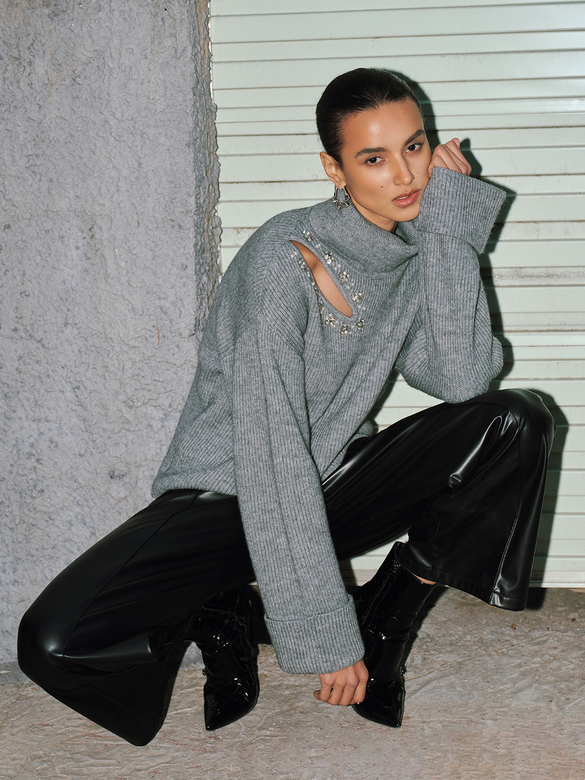 Crystal-Embellished Cut-Out Turtleneck Sweater