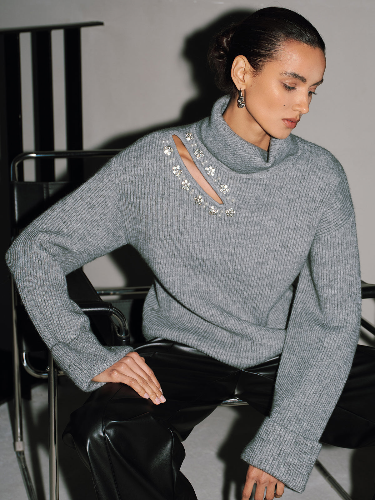 Crystal-Embellished Cut-Out Turtleneck Sweater