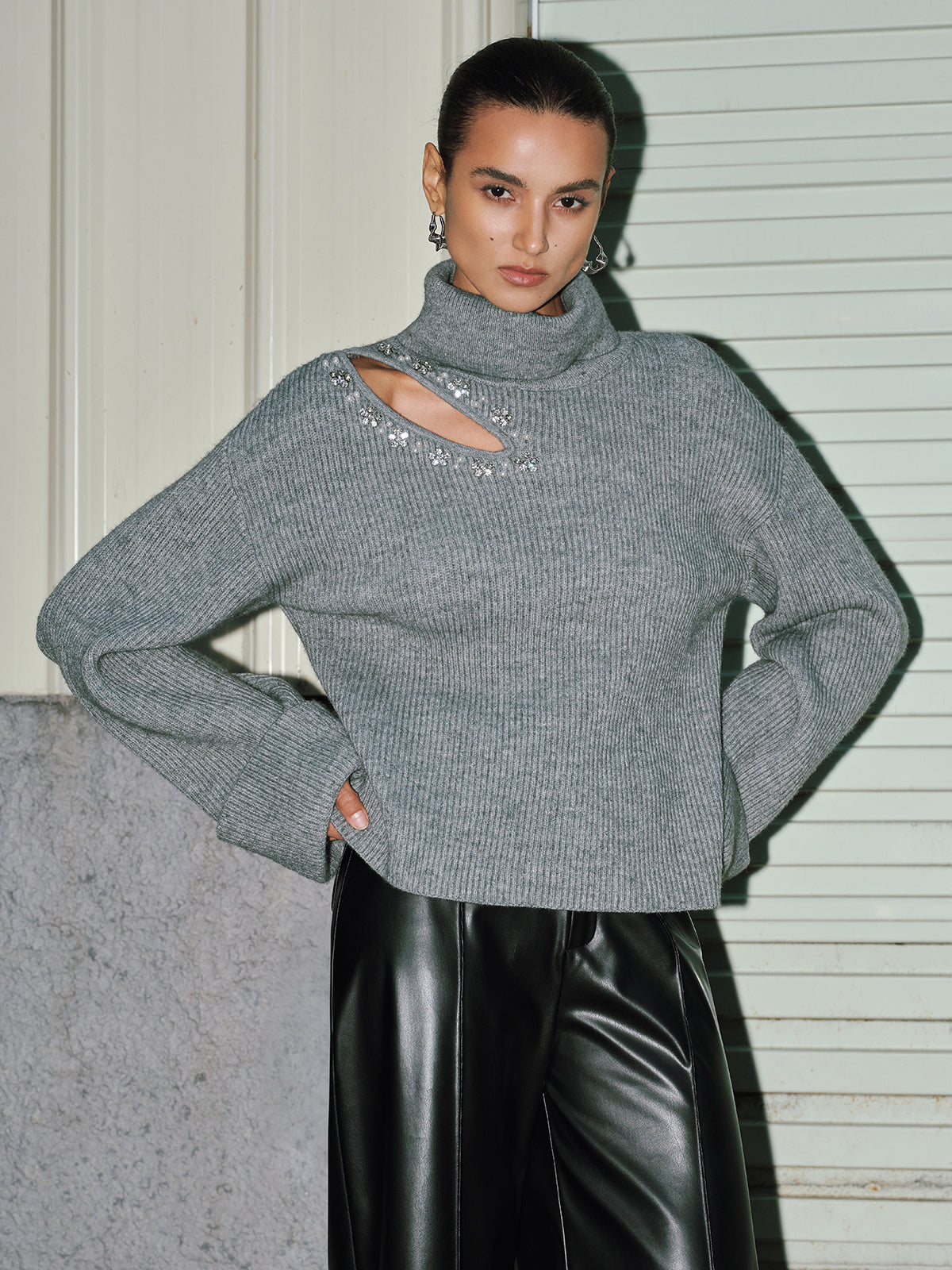 Crystal-Embellished Cut-Out Turtleneck Sweater