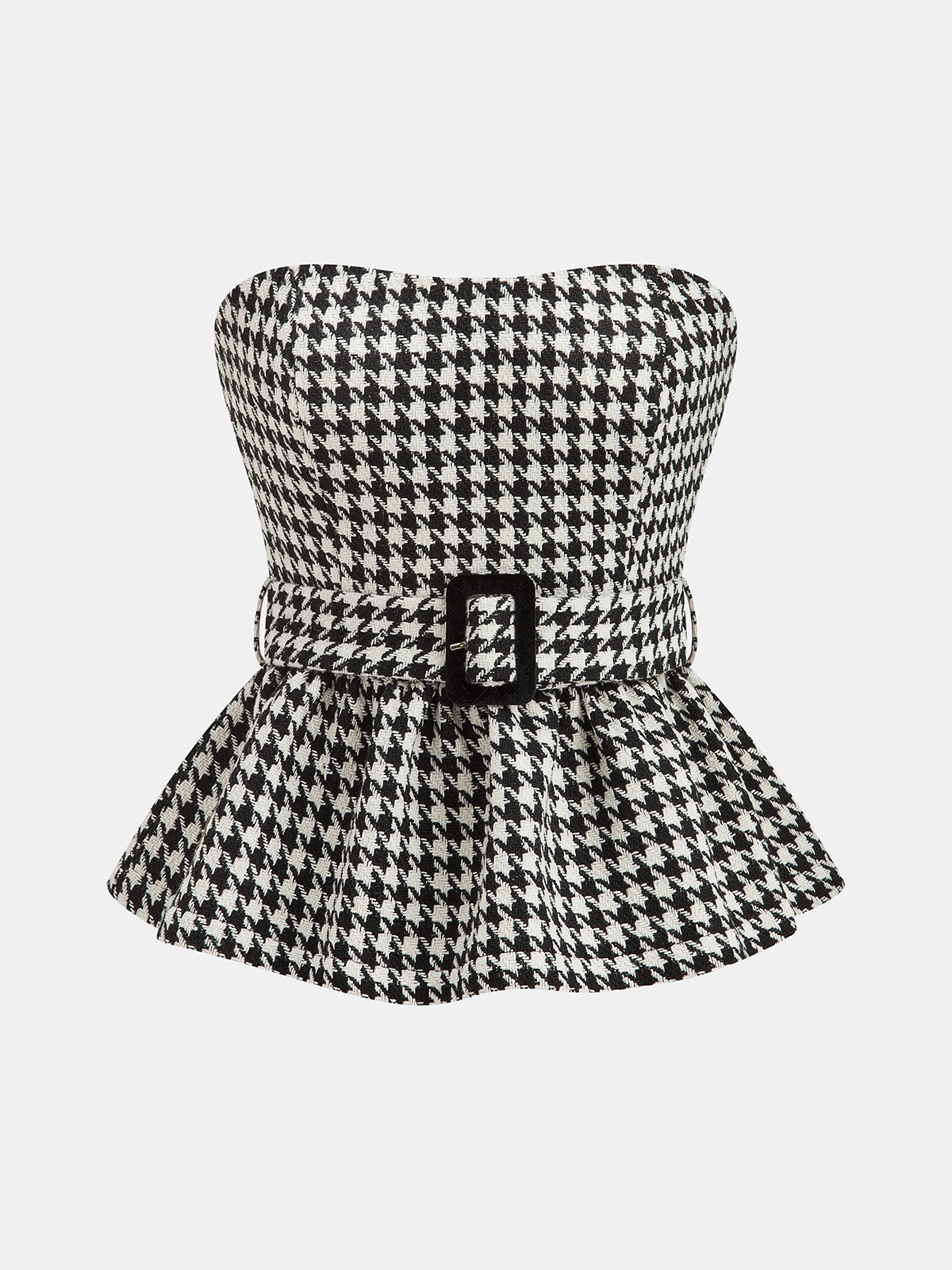 Houndstooth Strapless Belted Peplum Top