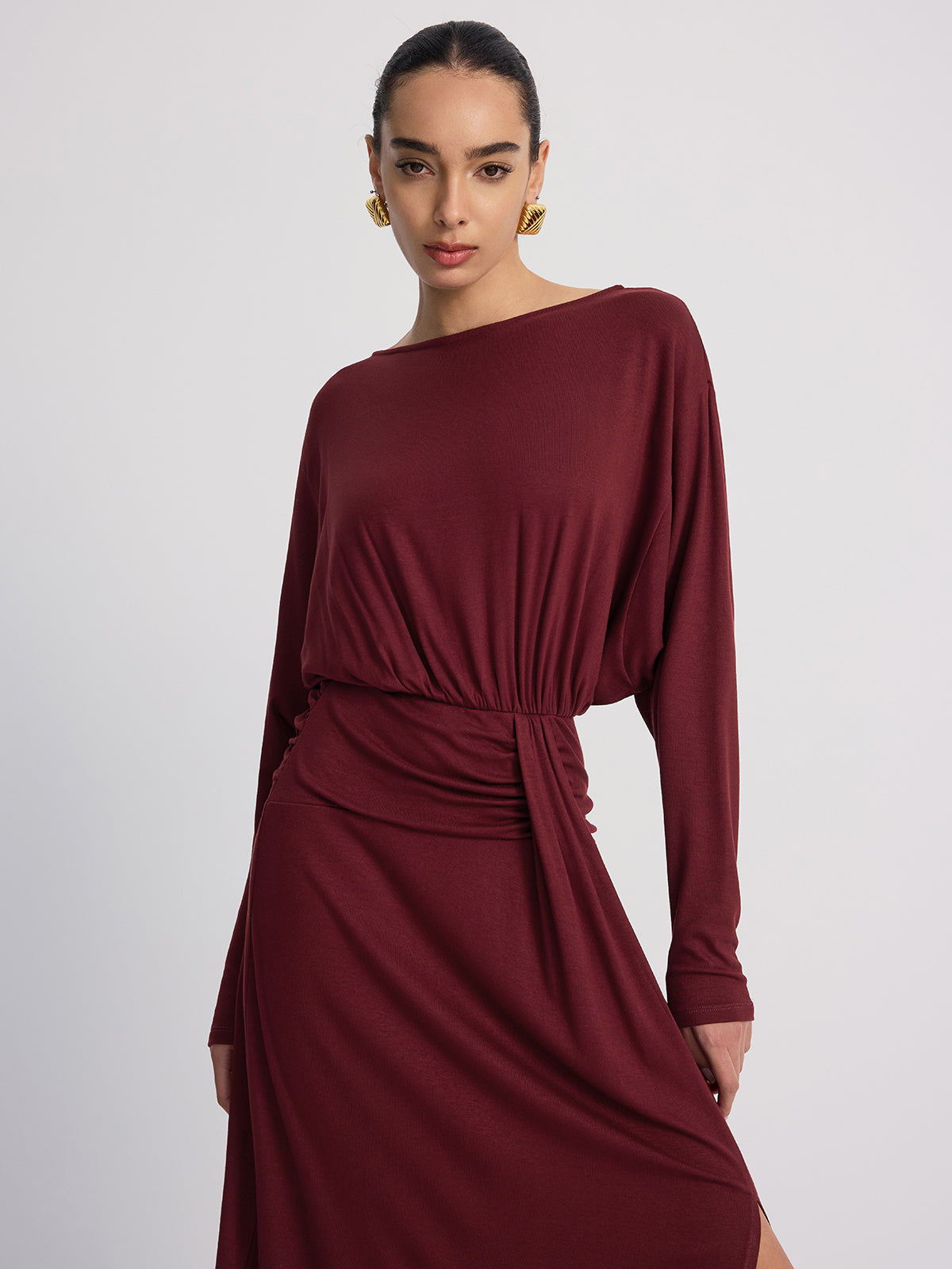 Long Sleeve Ruched Slit Maxi Dress