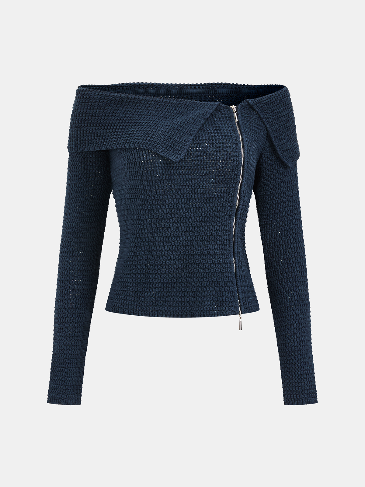 Waffle-Knit Off-Shoulder Zip-Front Top