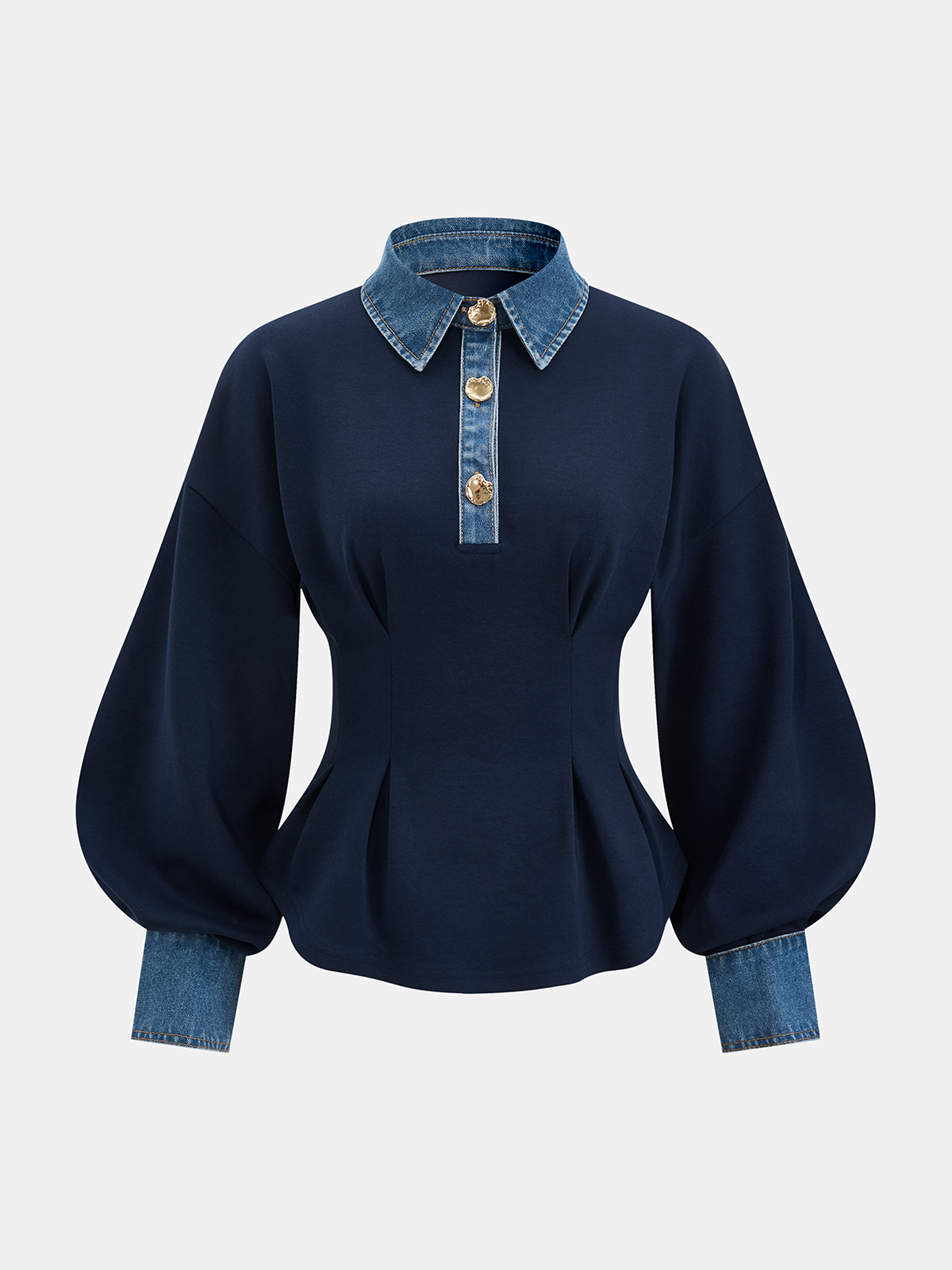 Denim Collar Cinched Waist Sweatshirt