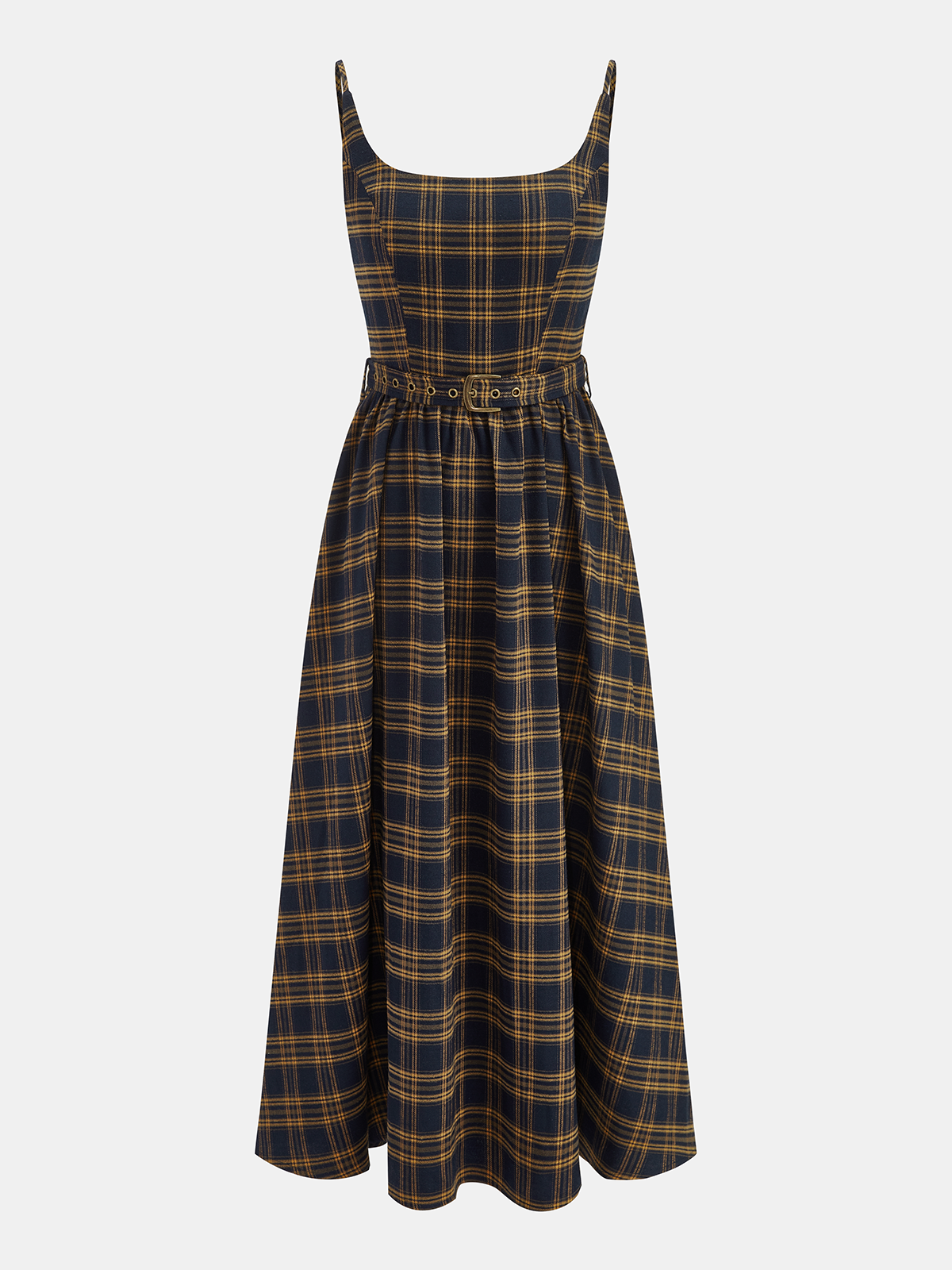 Kariertes Midikleid mit gesmoktem Oberteil und Gürtel