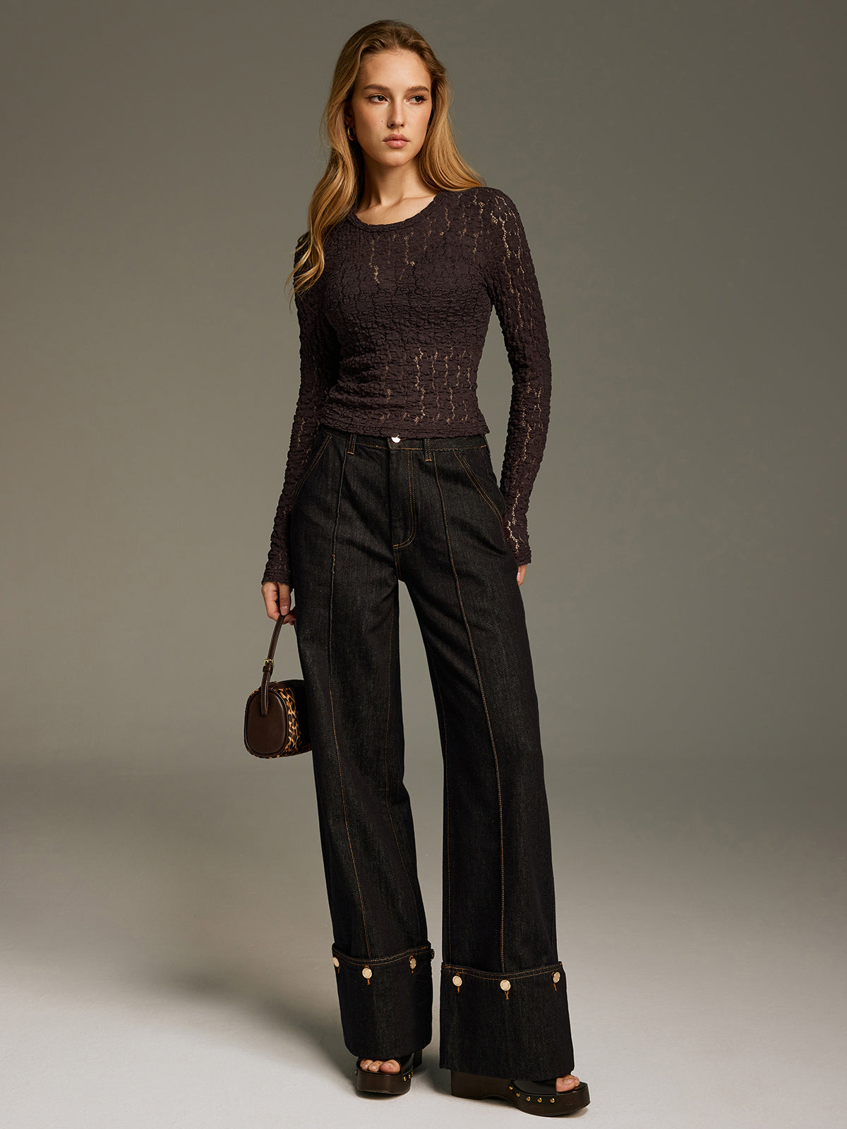 Sheer Lace Long-Sleeve Fitted Top
