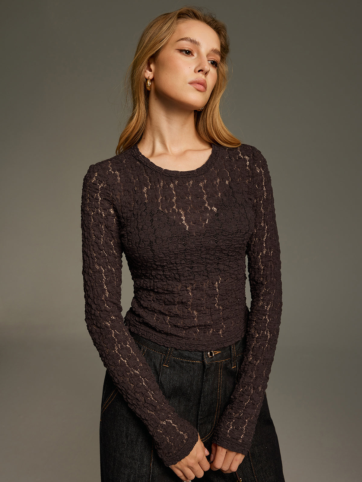 Sheer Lace Long-Sleeve Fitted Top
