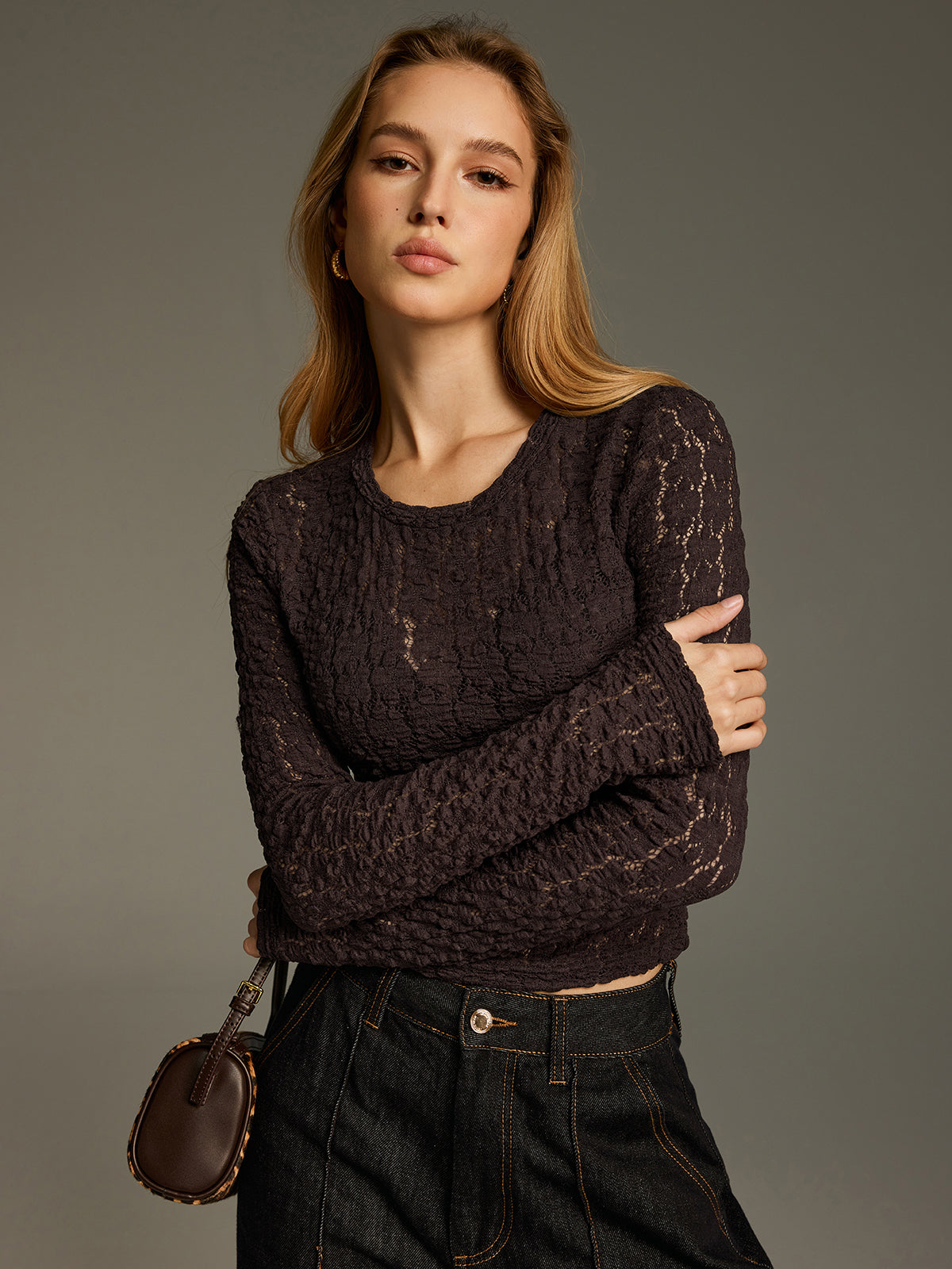 Sheer Lace Long-Sleeve Fitted Top