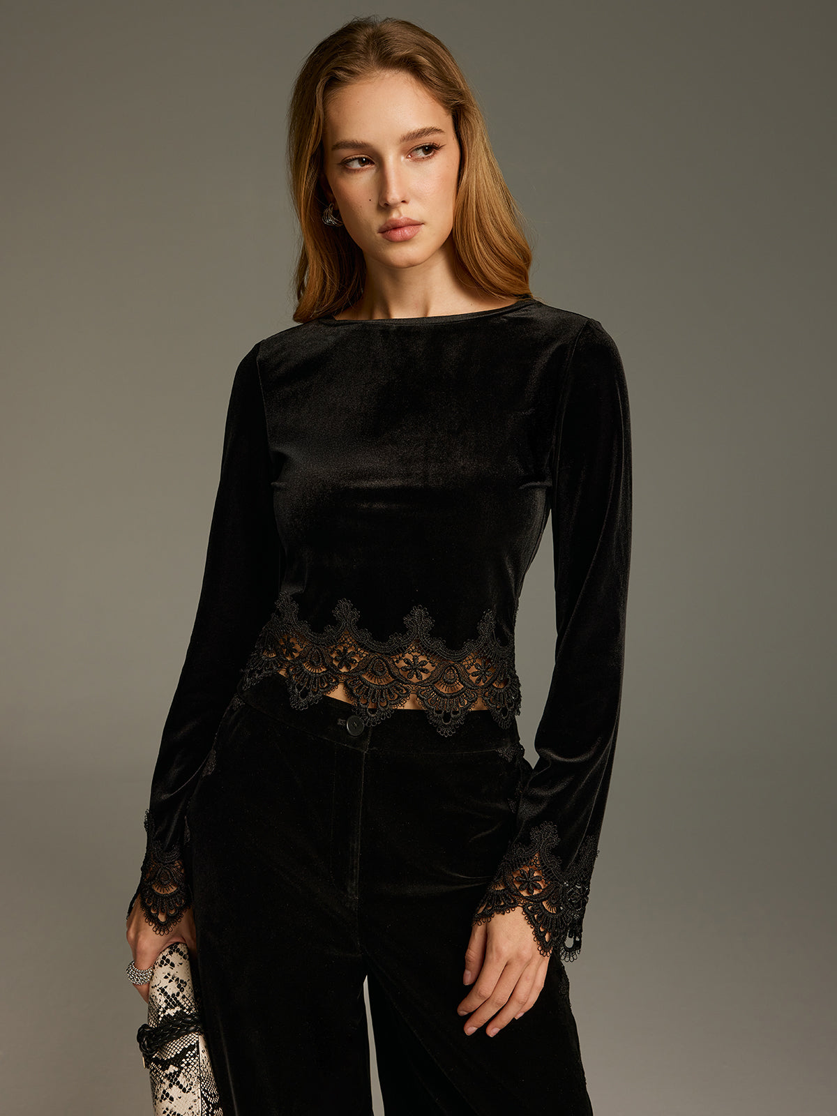 Lace Panel Velvet Long-Sleeve Top