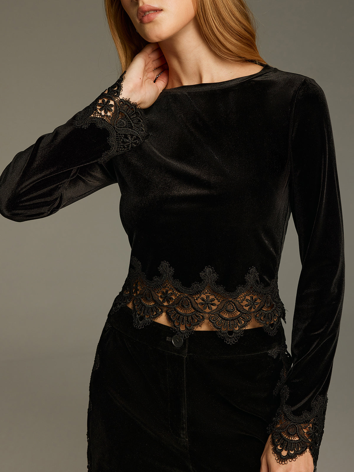 Lace Panel Velvet Long-Sleeve Top