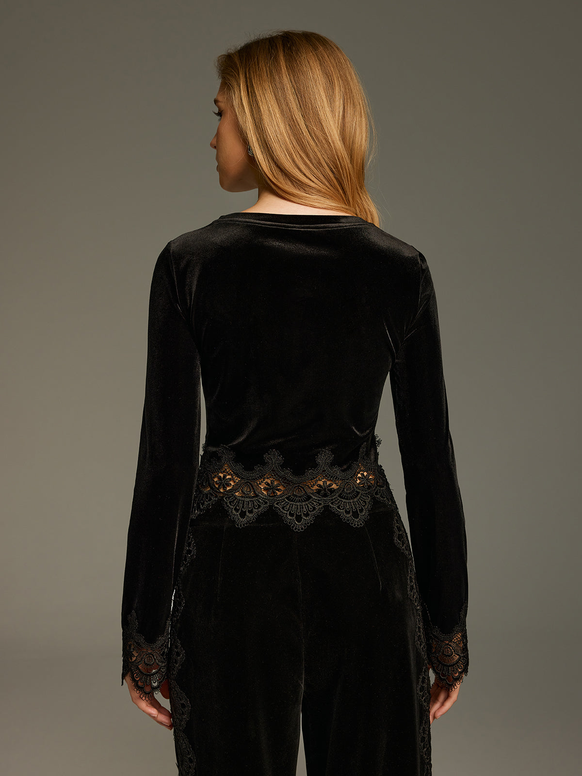 Lace Panel Velvet Long-Sleeve Top