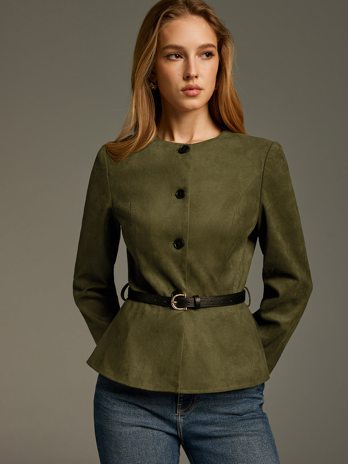 Belted Suede Effect Peplum Jacket