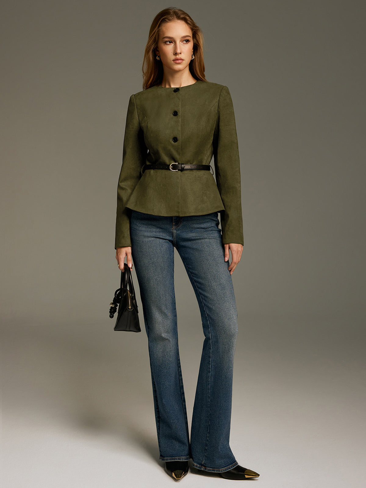 Belted Suede Effect Peplum Jacket