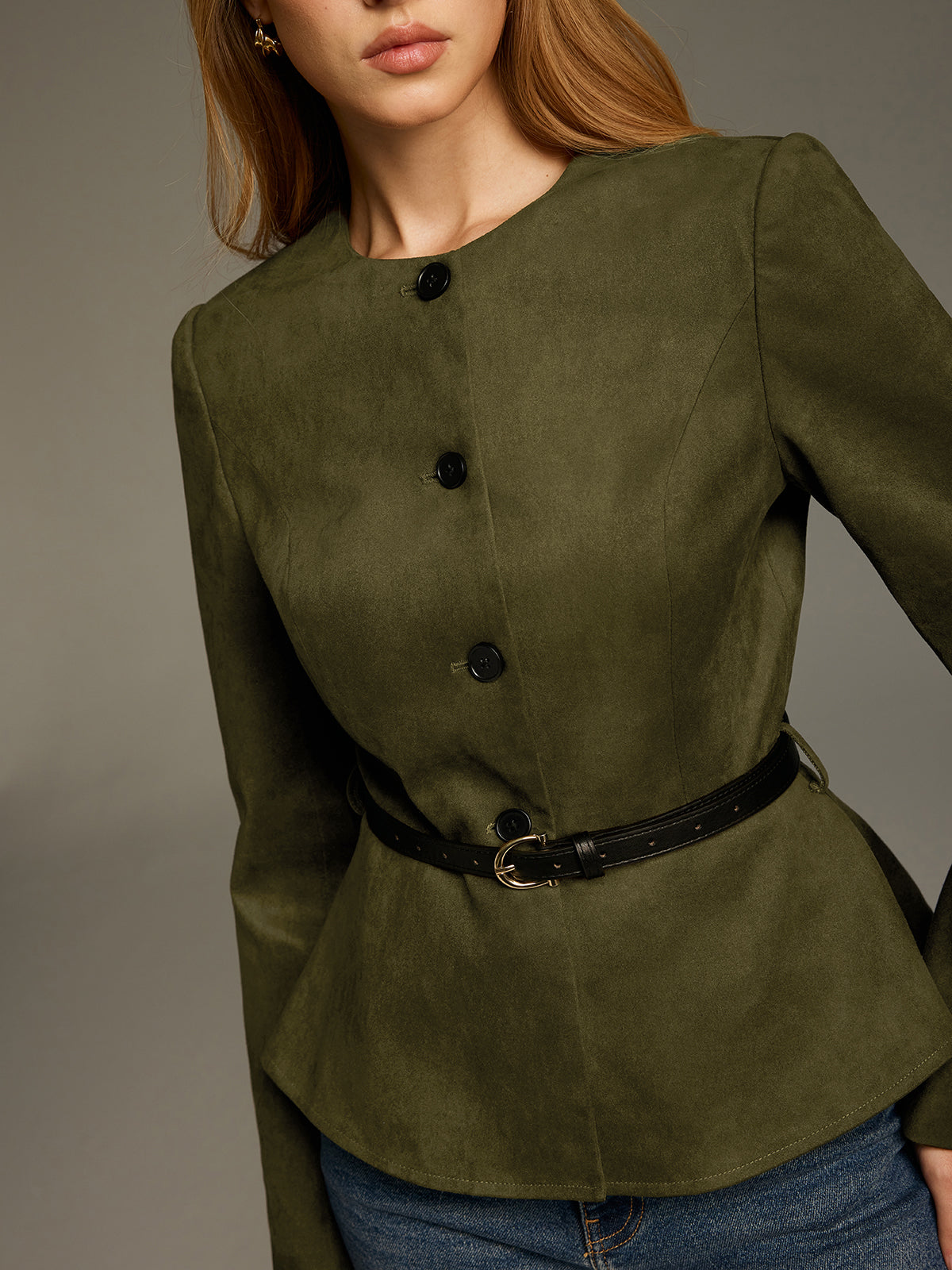 Belted Suede Effect Peplum Jacket