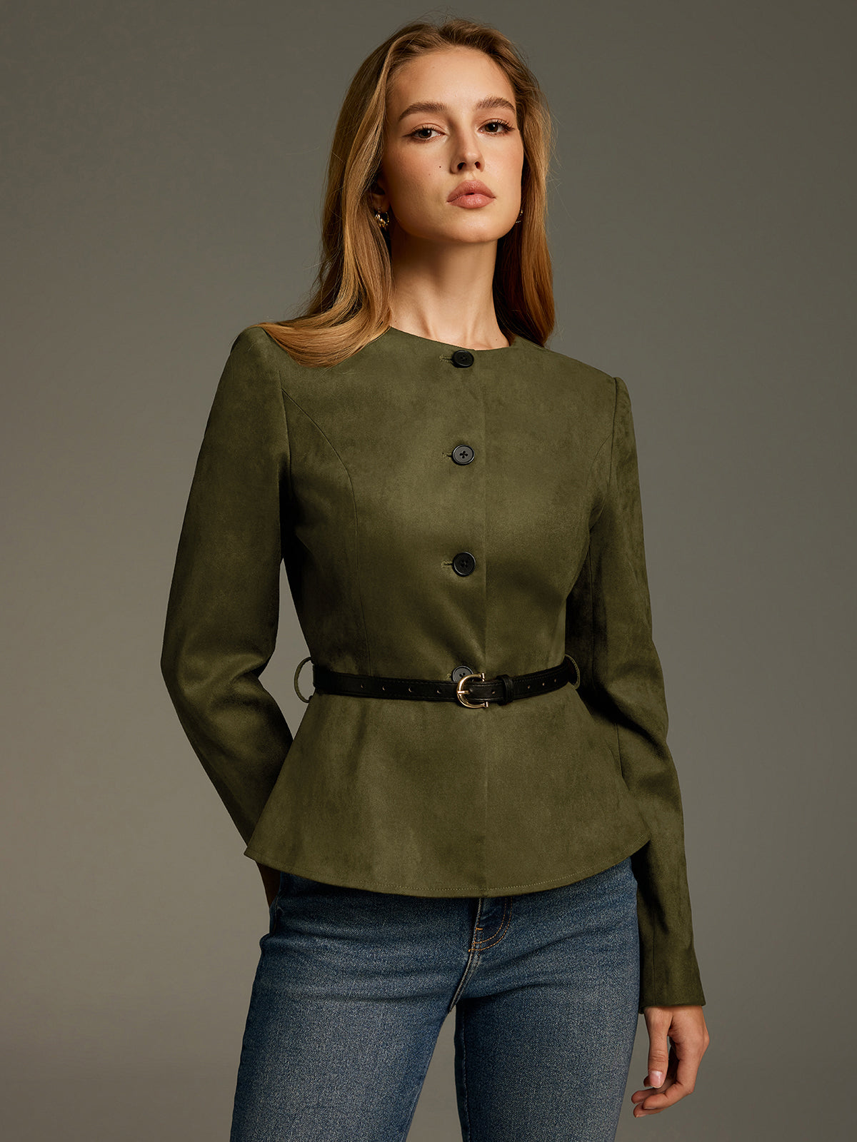 Belted Suede Effect Peplum Jacket