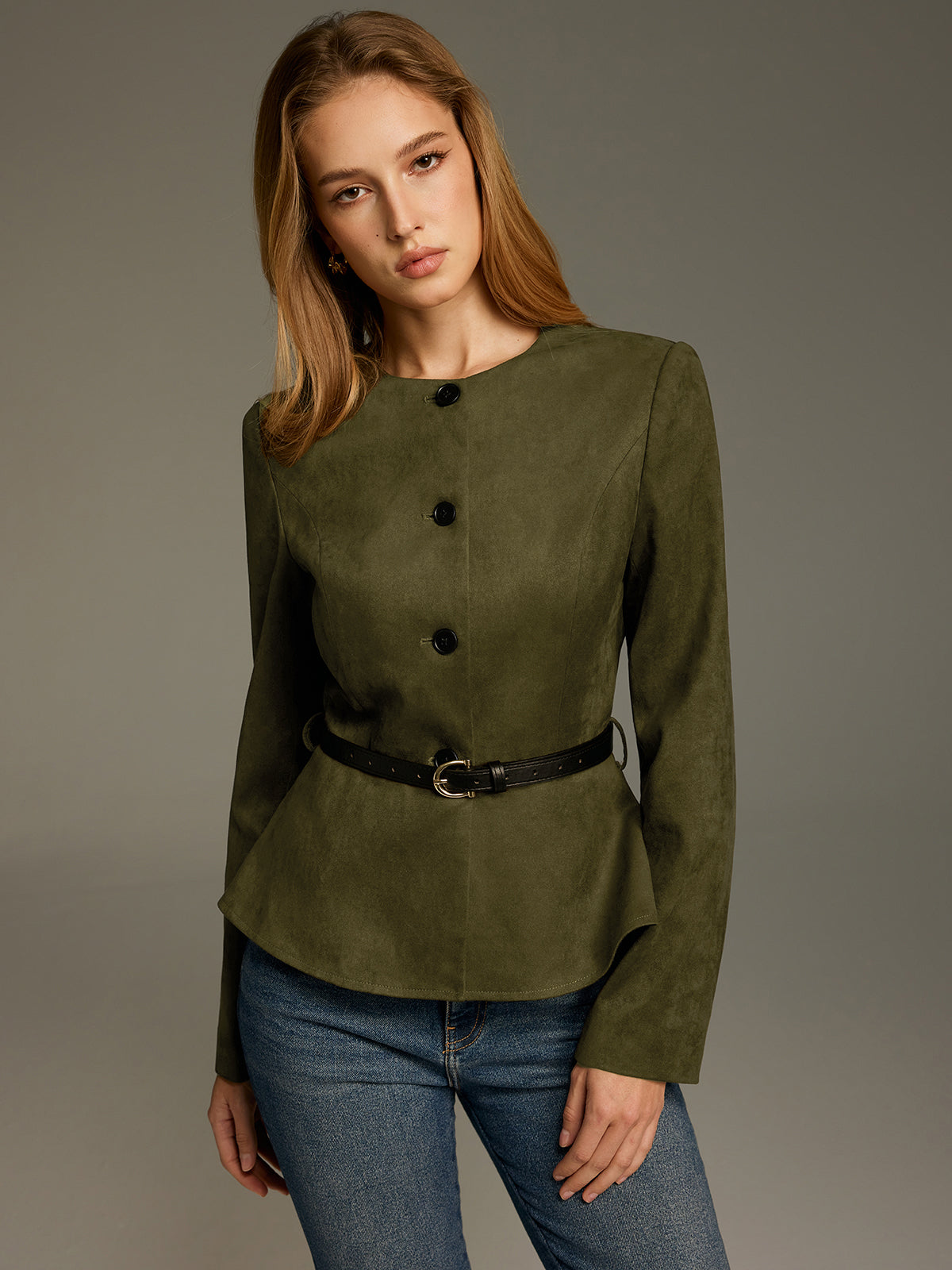 Belted Suede Effect Peplum Jacket