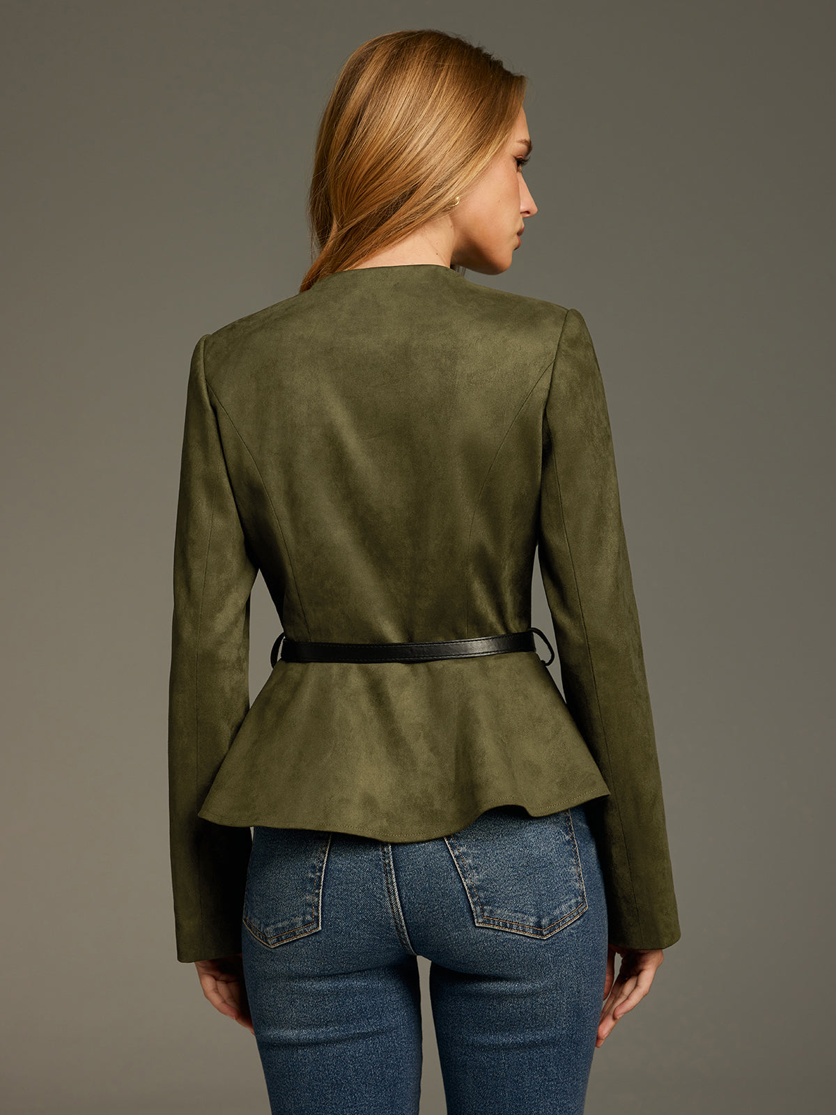 Belted Suede Effect Peplum Jacket