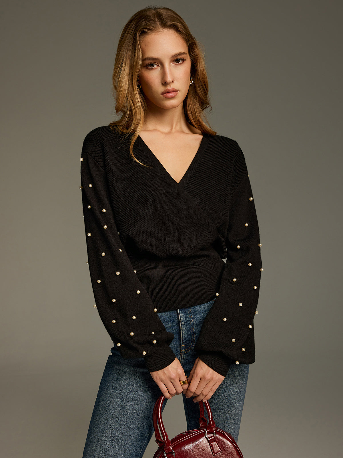 V-Neck Pearl Embellished Sweater