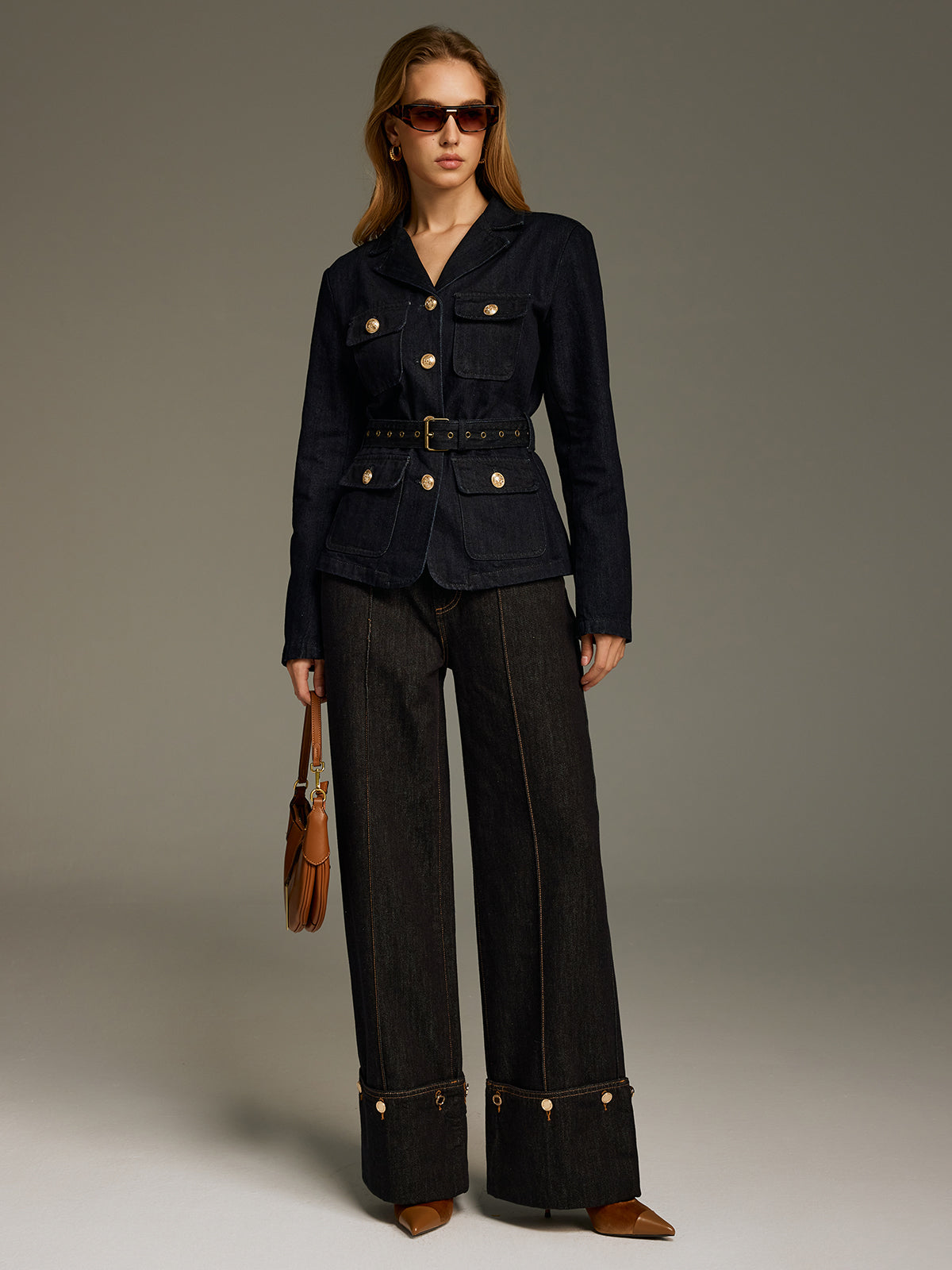 Metal Button Belted Denim Blazer