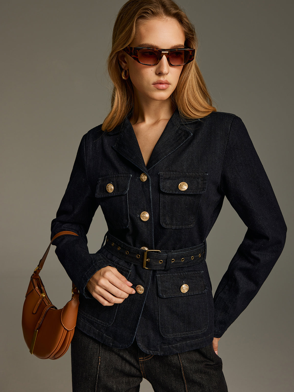 Metal Button Belted Denim Blazer