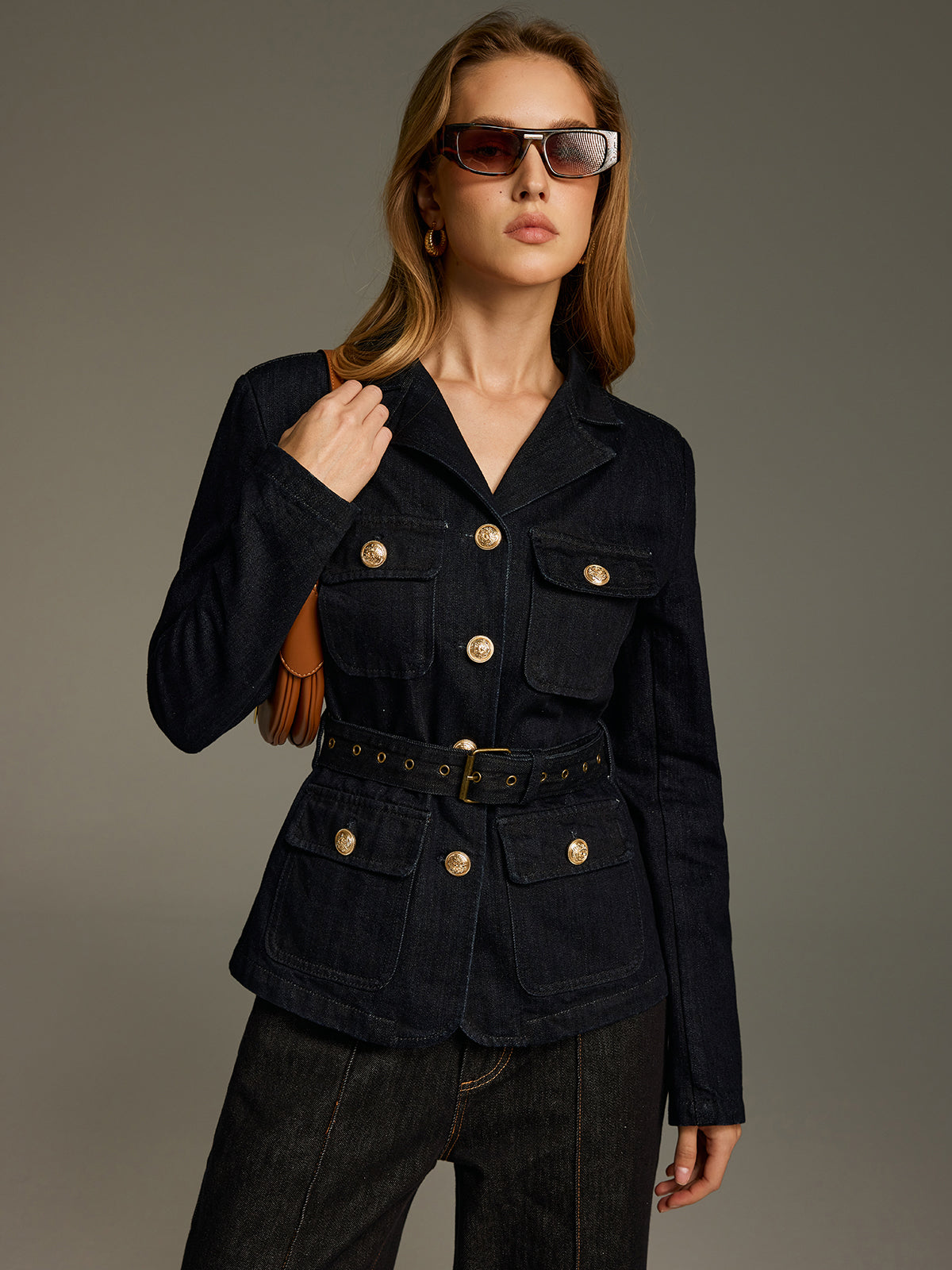 Metal Button Belted Denim Blazer