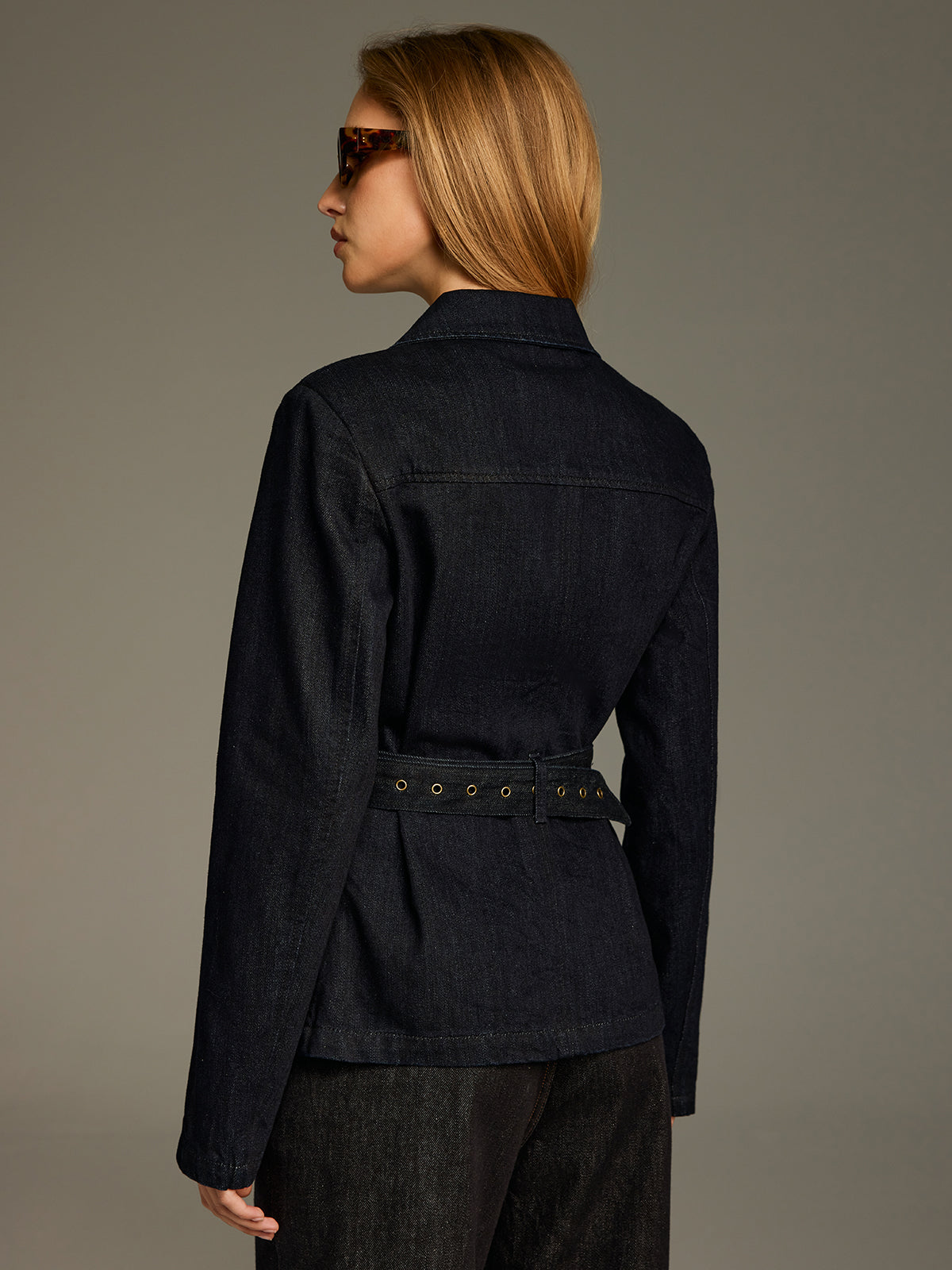 Metal Button Belted Denim Blazer