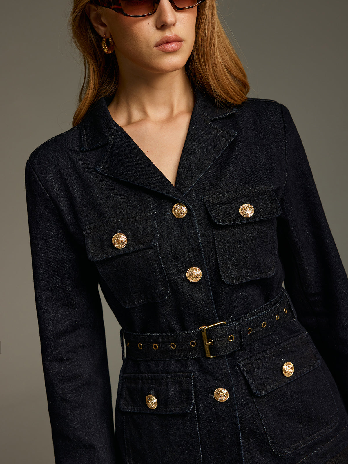 Metal Button Belted Denim Blazer