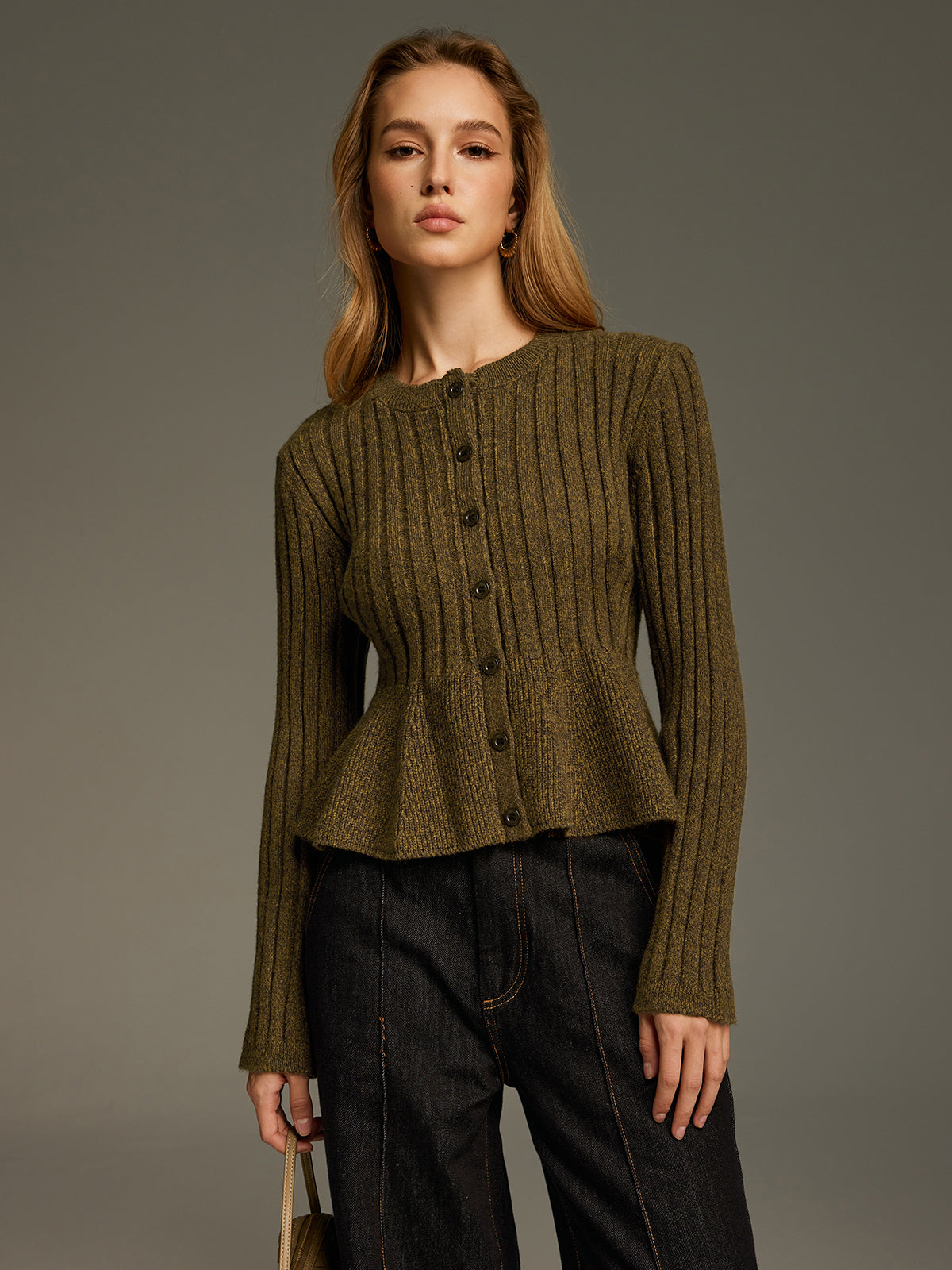 Ribbed Knit Peplum Cardigan