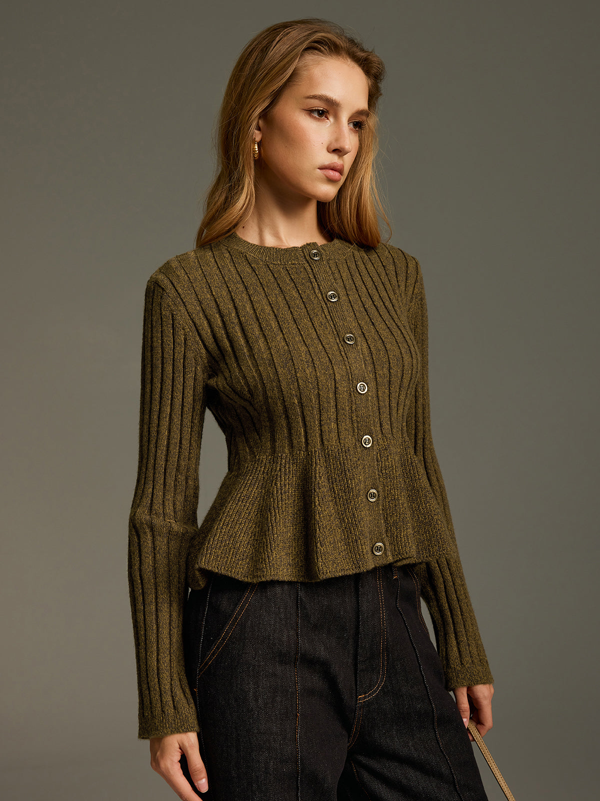 Ribbed Knit Peplum Cardigan