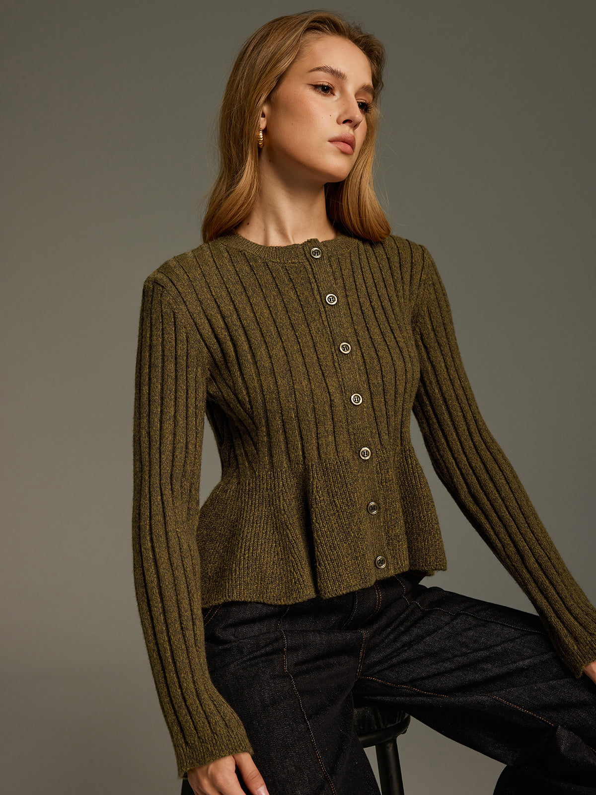 Ribbed Knit Peplum Cardigan