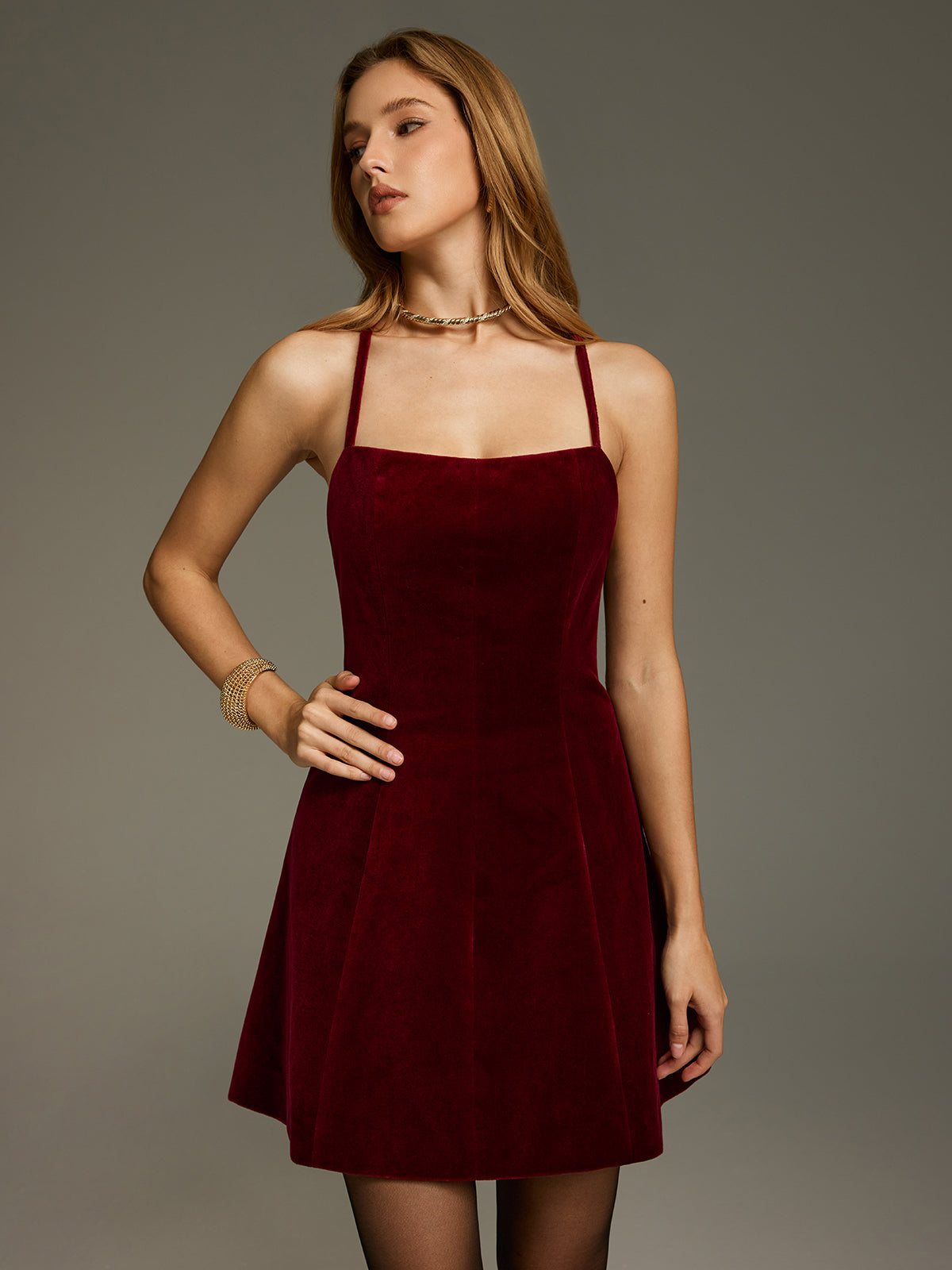 Crossover Back Velvet Cami Mini Dress