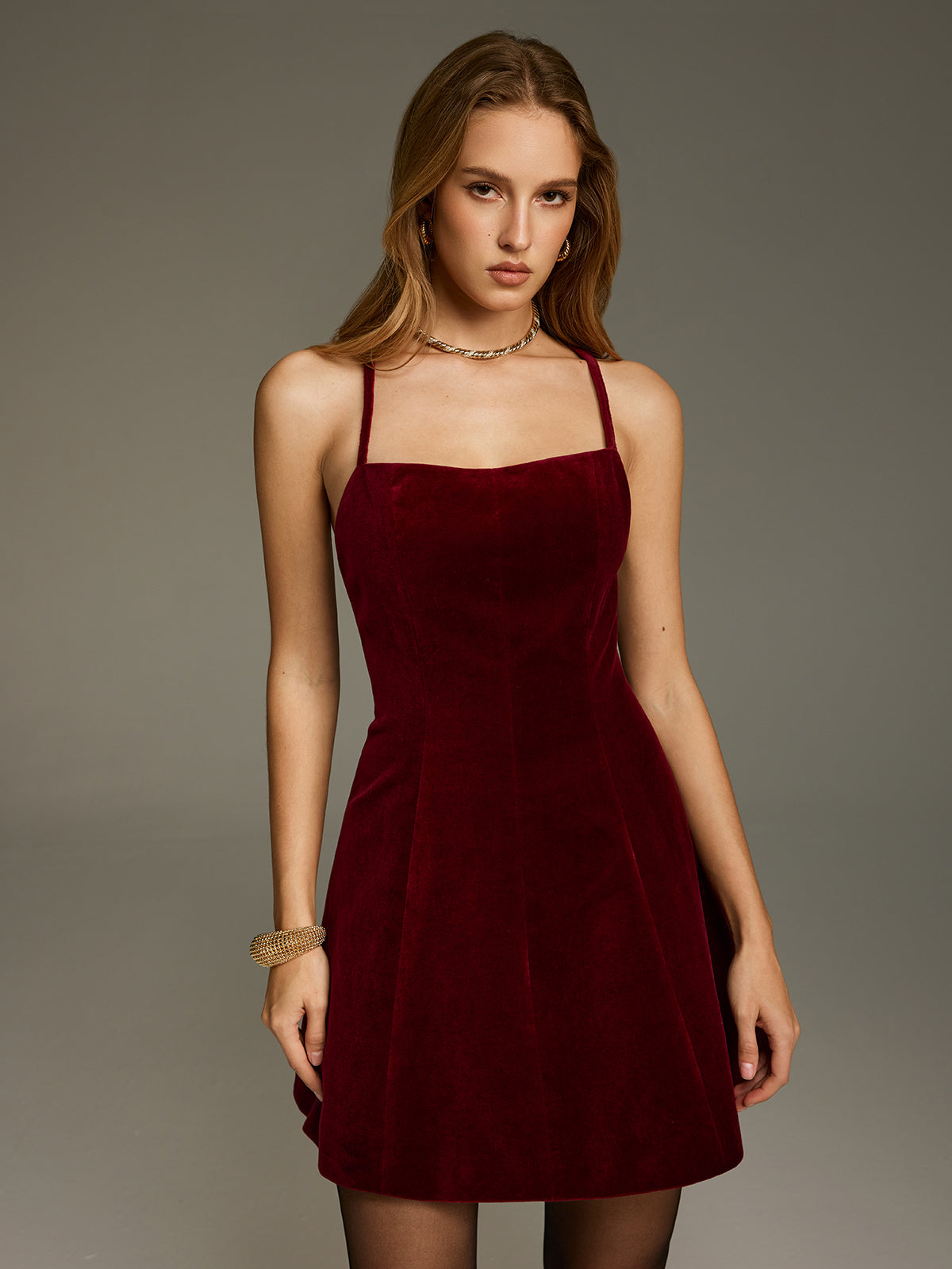 Crossover Back Velvet Cami Mini Dress