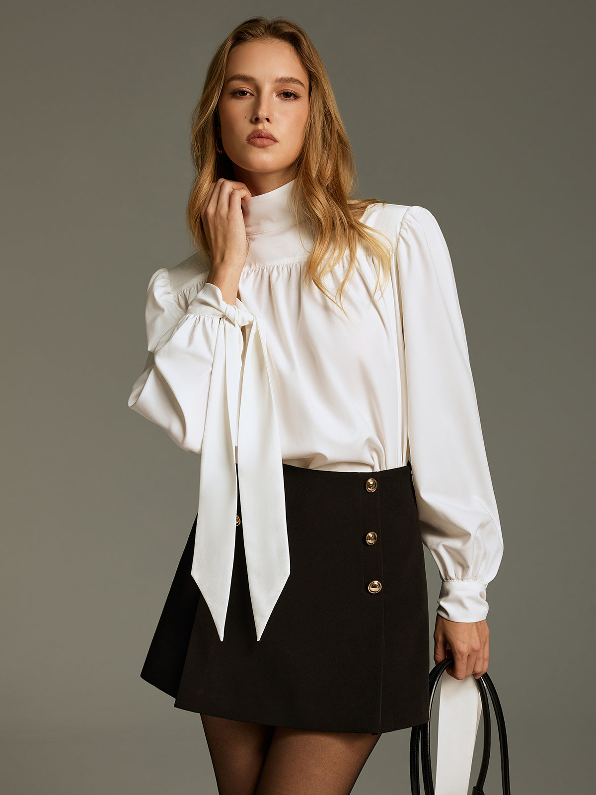 Tie-Cuff Turtleneck Blouse