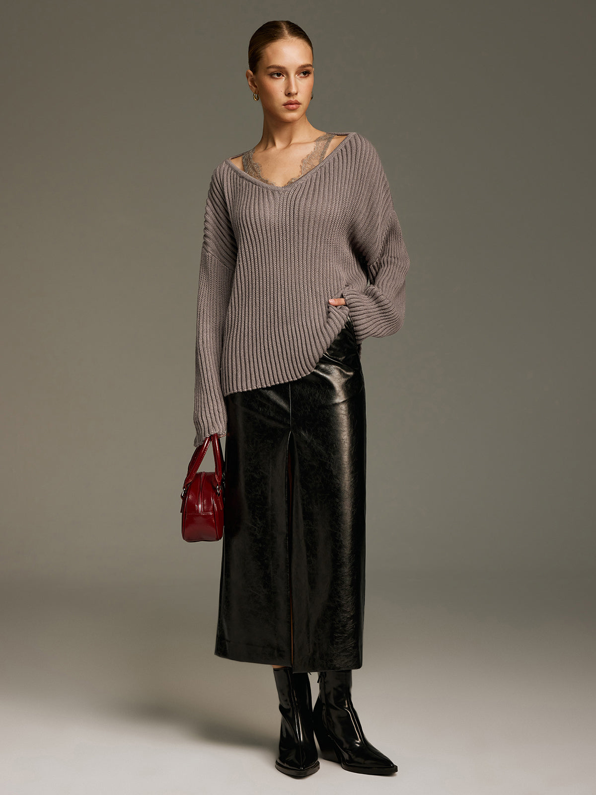 Lace Panel Wool-Blend Ribbed Knit Top
