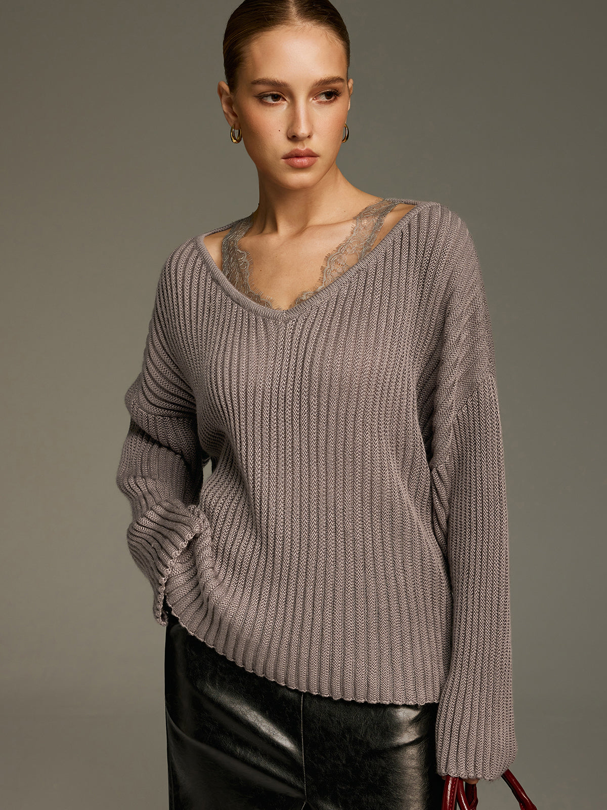 Lace Panel Wool-Blend Ribbed Knit Top