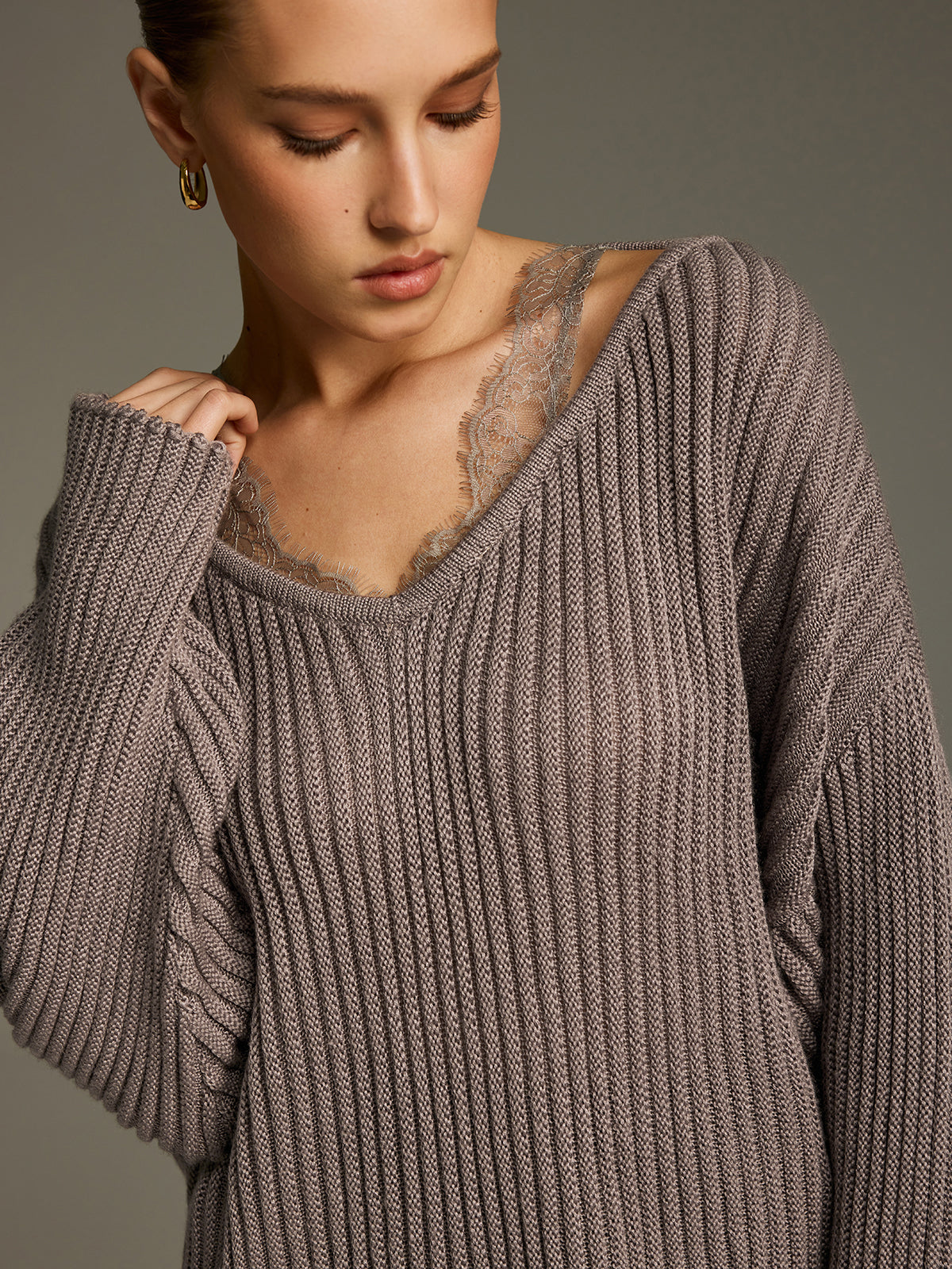 Lace Panel Wool-Blend Ribbed Knit Top