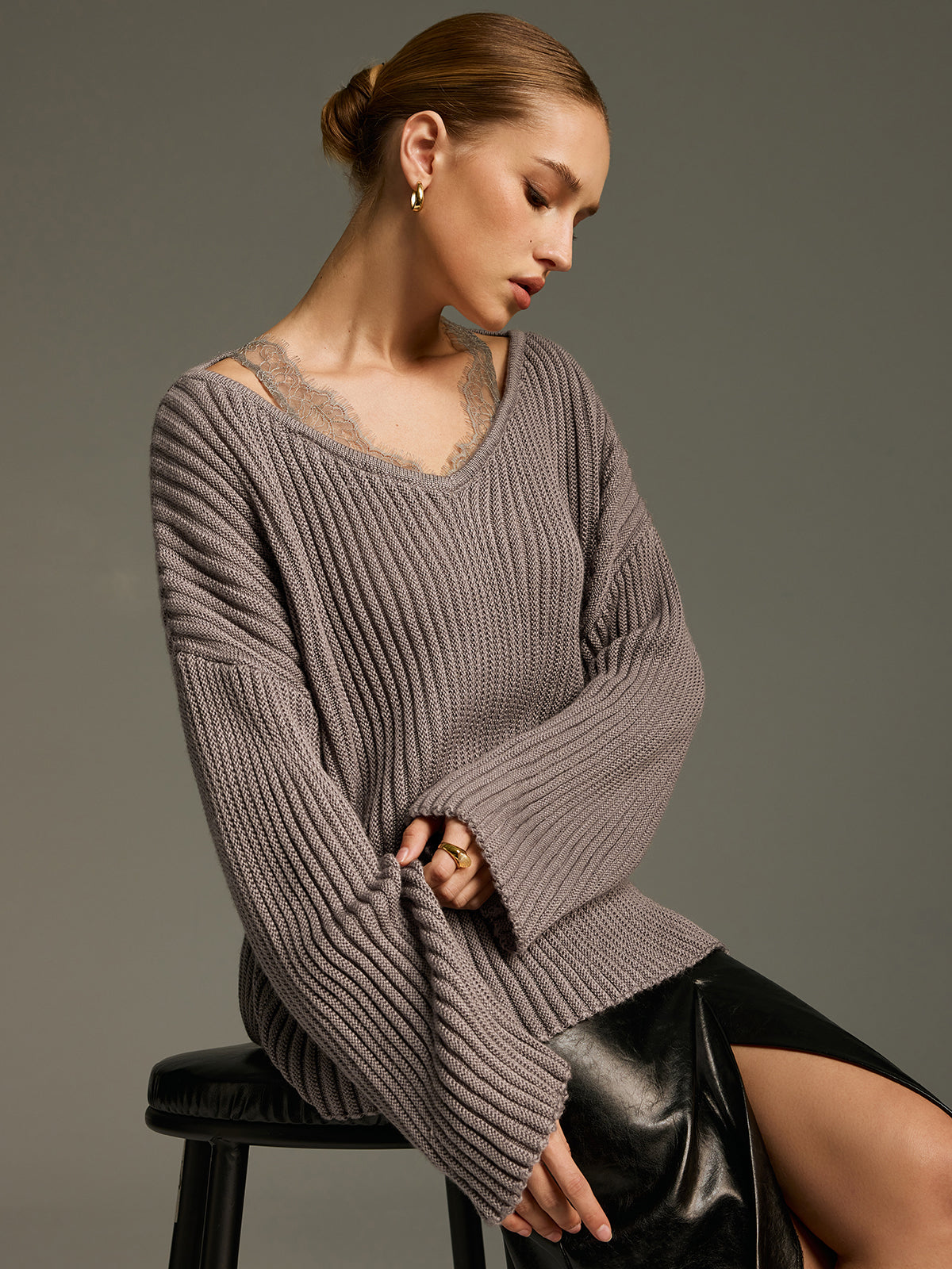Lace Panel Wool-Blend Ribbed Knit Top