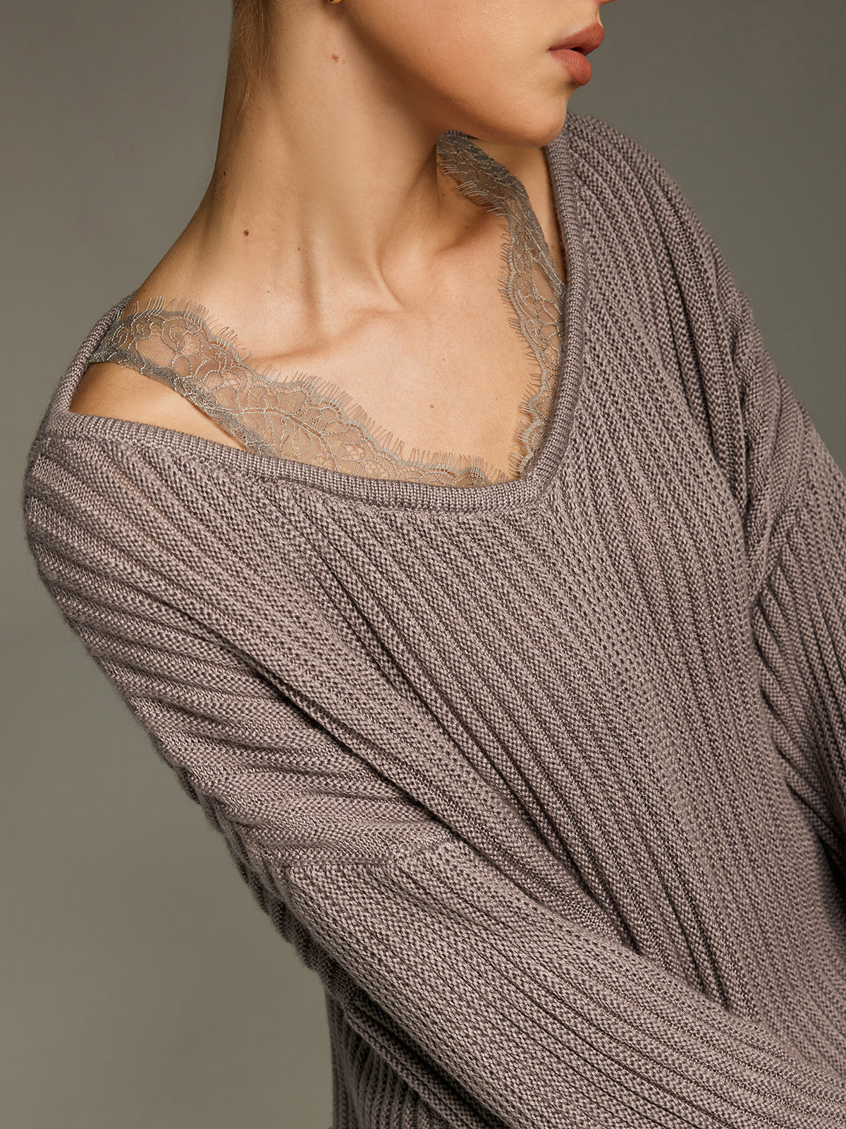Lace Panel Wool-Blend Ribbed Knit Top