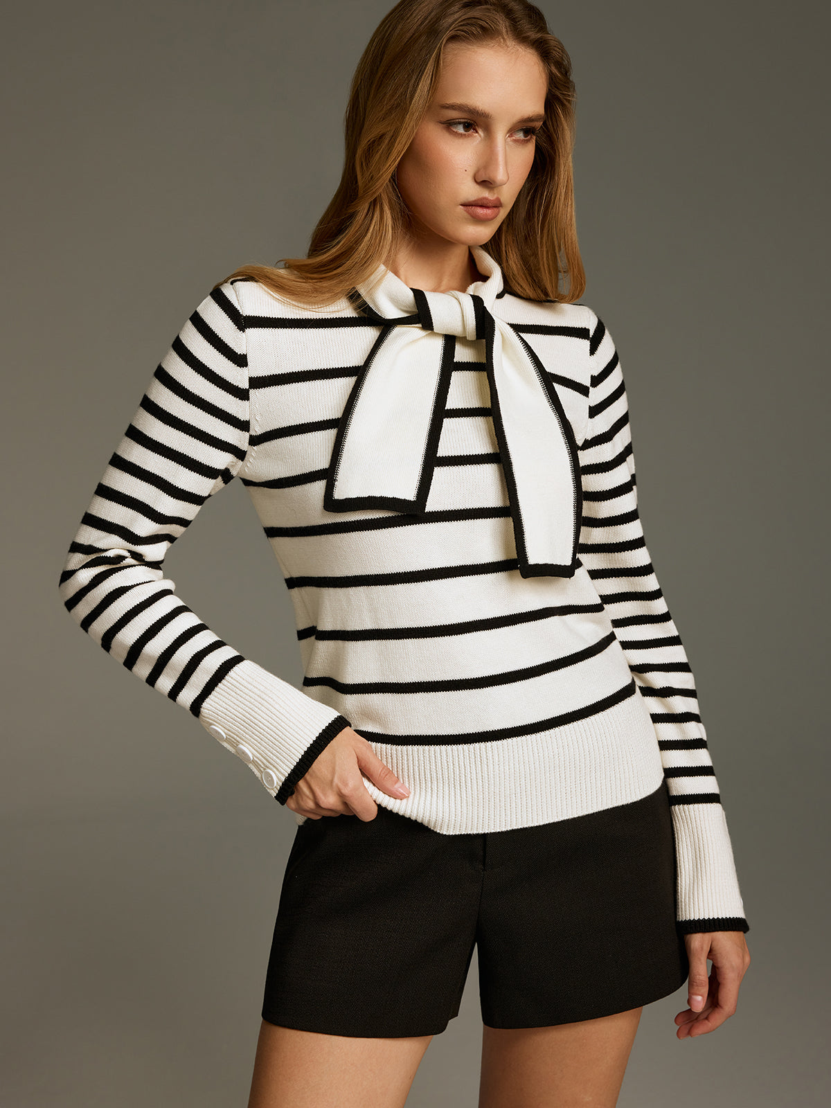 Wool-Blend Striped Knot-Collar Knit Top