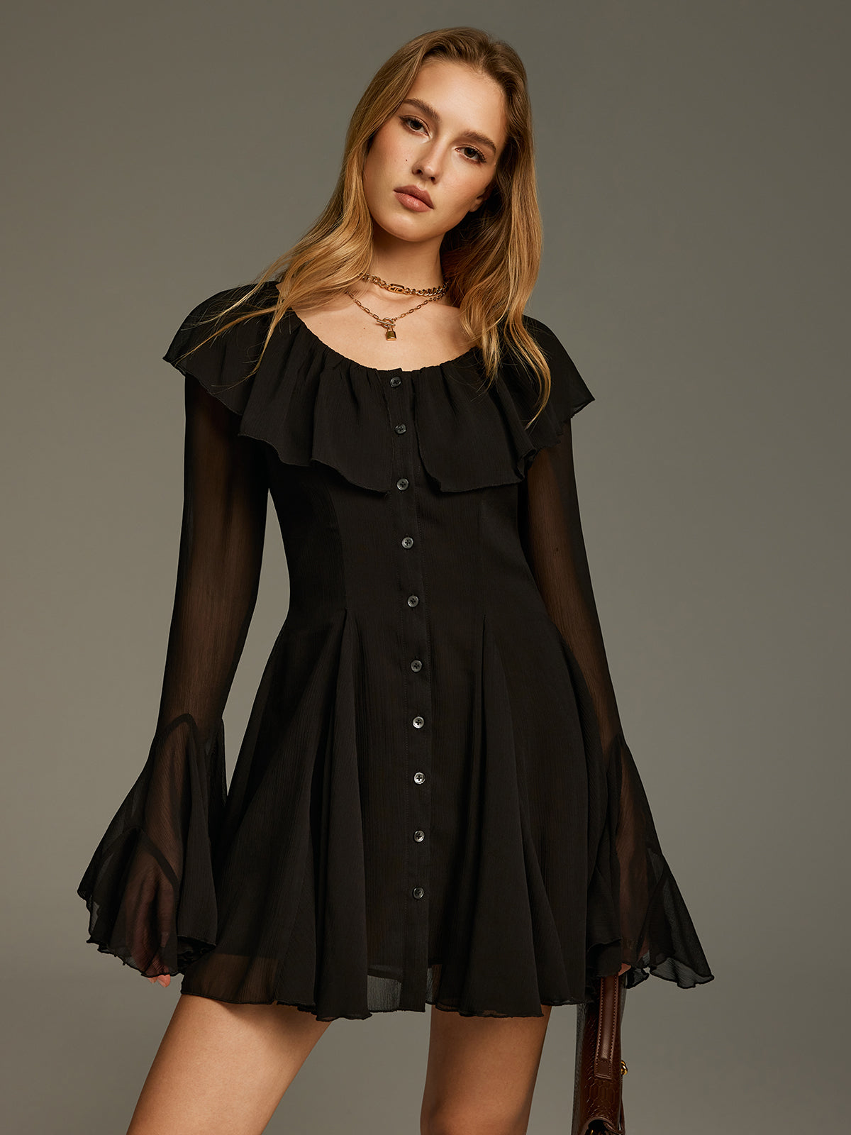 Chiffon Ruffled Bell-Sleeve Mini Dress