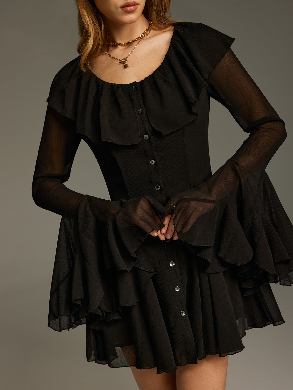 Chiffon Ruffled Bell-Sleeve Mini Dress